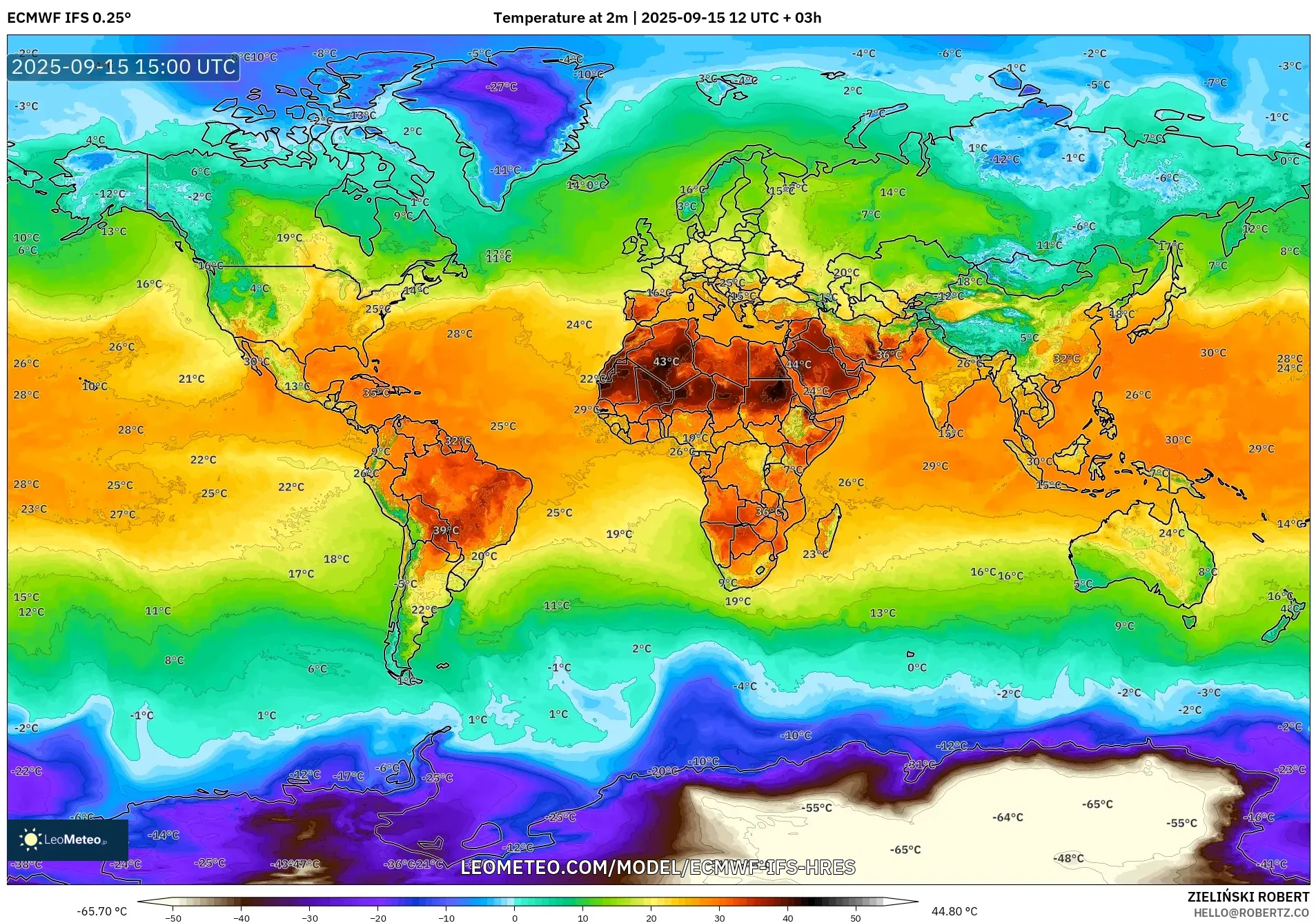 ECMWF IFS 0.25° model - World, Temperature at 2m