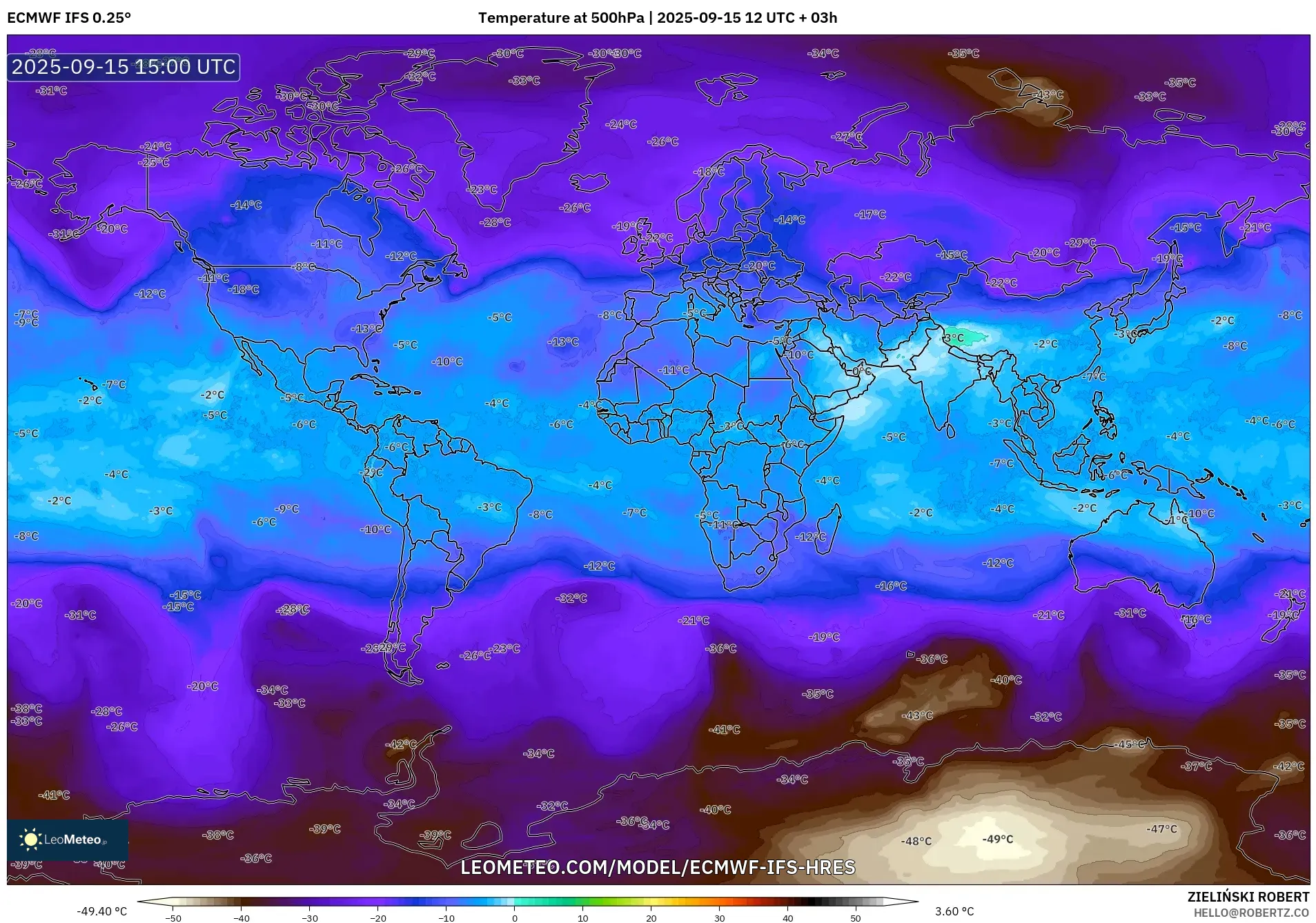 ECMWF IFS 0.25° model - World, Temperature at 500hPa ECMWF IFS 0.25° model - World, Temperature at 500hPa
