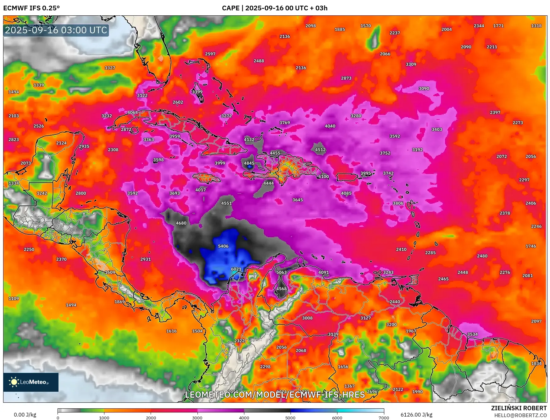 ECMWF IFS 0.25° model - Caribbean, CAPE