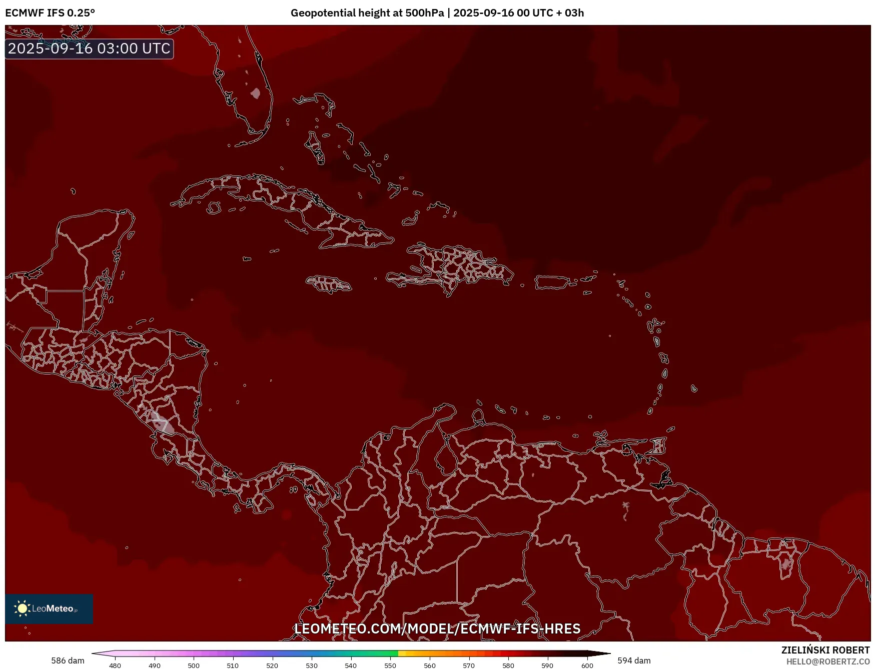ECMWF IFS 0.25° model - Caribbean, Geopotential height at 500hPa
