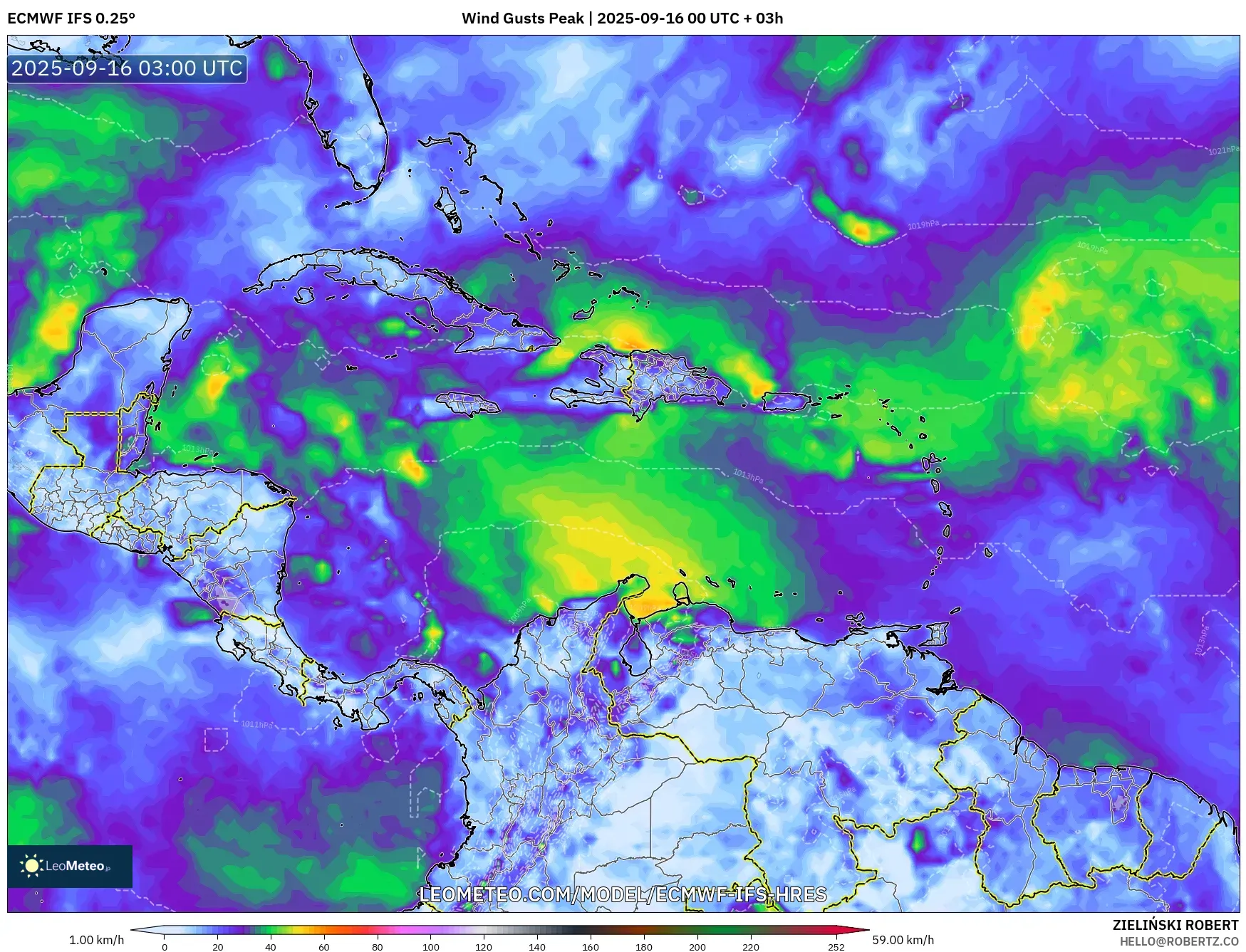 ECMWF IFS 0.25° model - Caribbean, Wind Gusts Peak