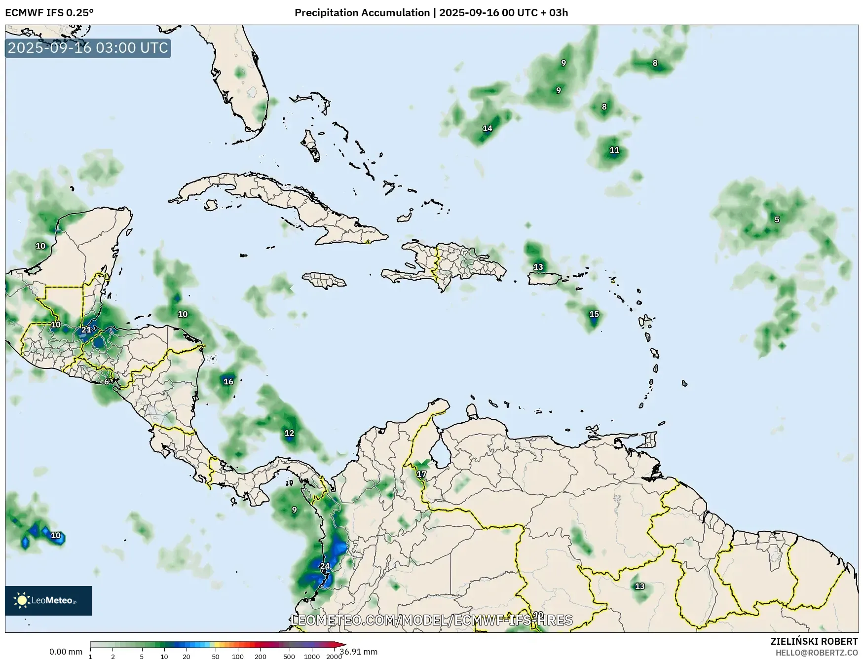 ECMWF IFS 0.25° model - Caribbean, Precipitation Accumulation