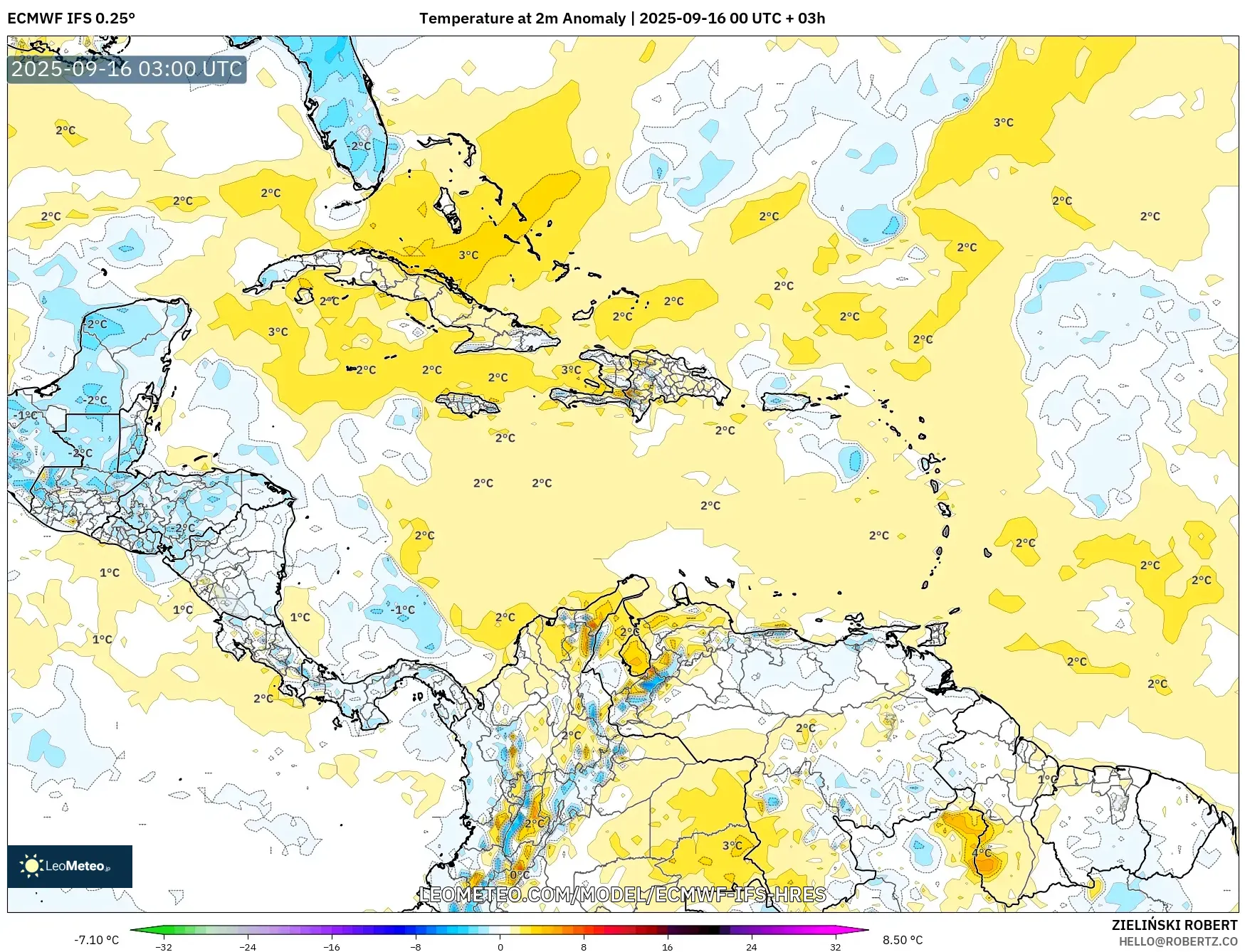 ECMWF IFS 0.25° model - Caribbean, Temperature at 2m Anomaly