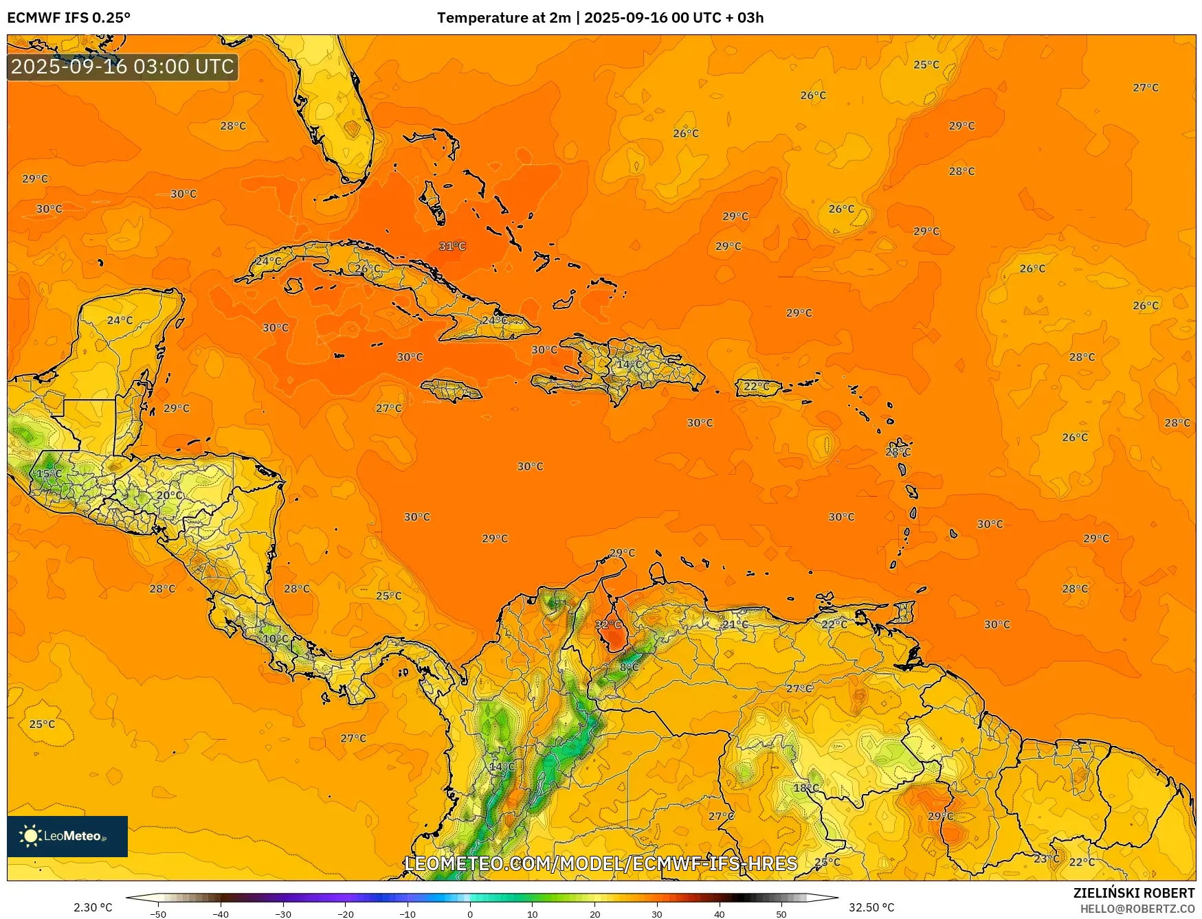 ECMWF IFS 0.25° model - Caribbean, Temperature at 2m