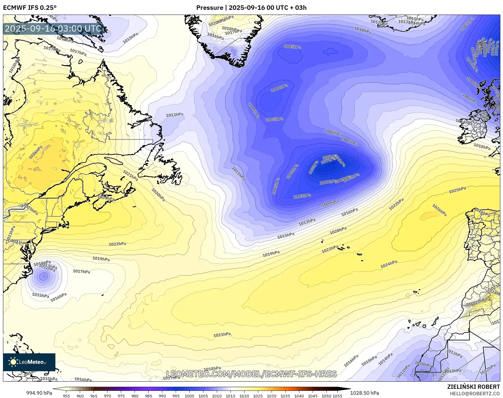 ECMWF IFS 0.25° model - North Atlantic, Pressure