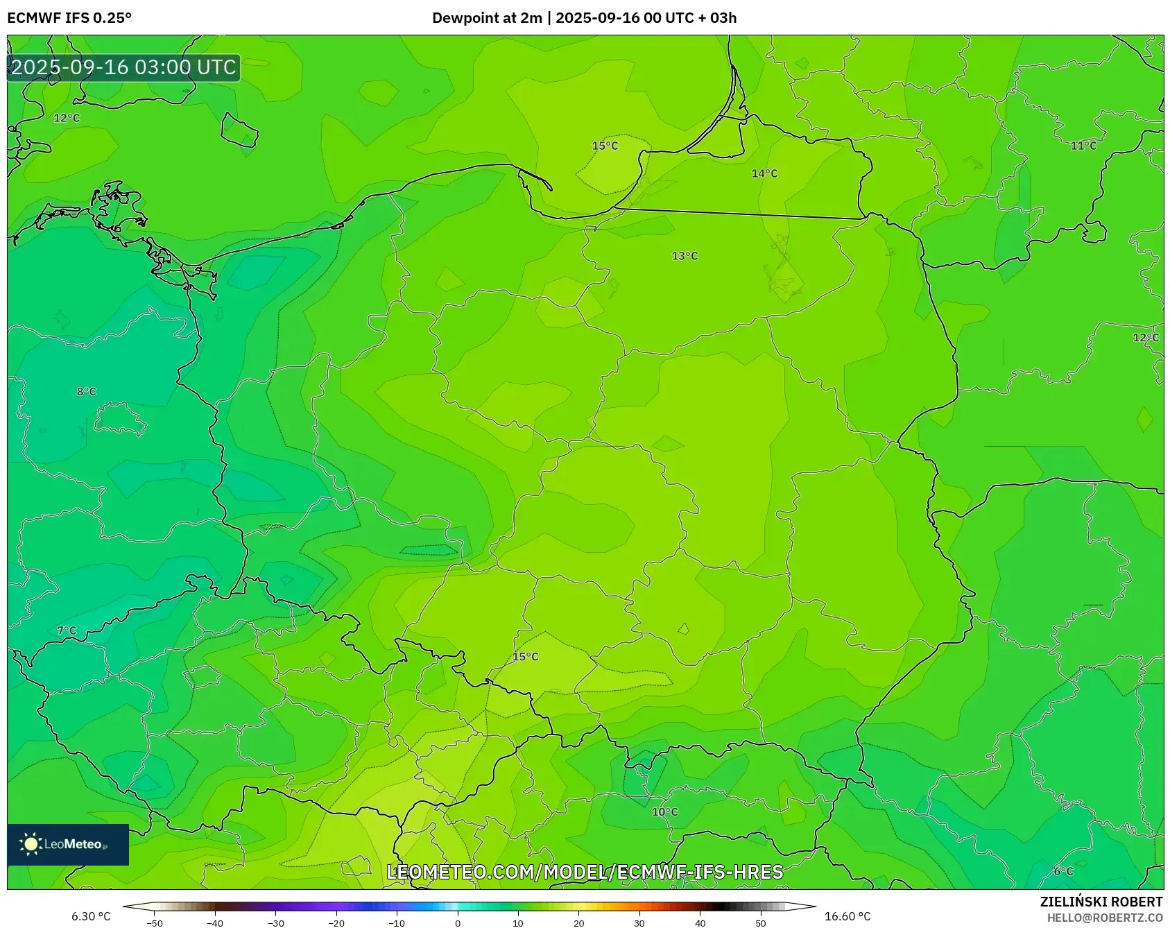 ECMWF IFS 0.25° model - Poland, Dewpoint at 2m ECMWF IFS 0.25° model - Poland, Dewpoint at 2m