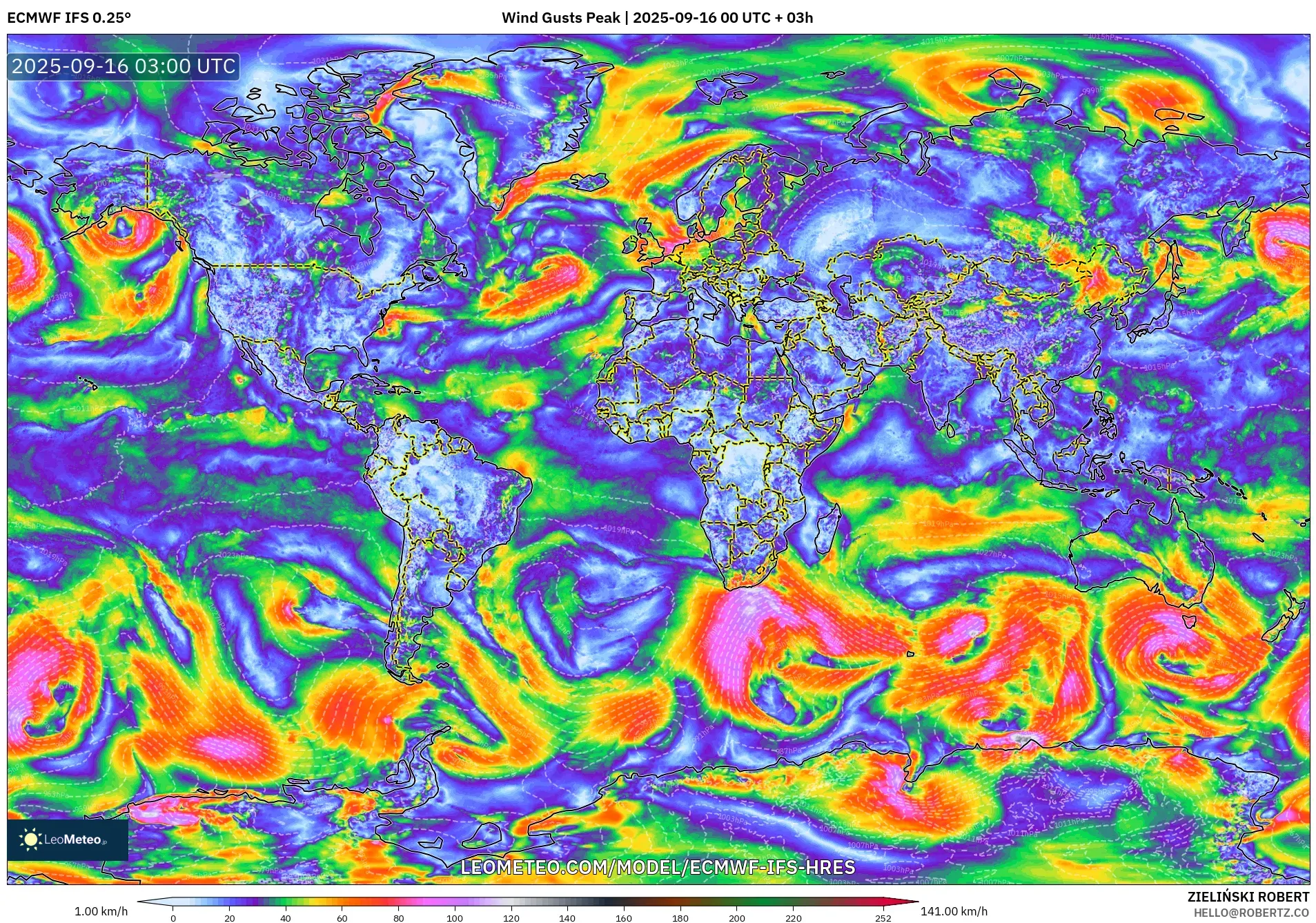 ECMWF IFS 0.25° model - World, Wind Gusts Peak ECMWF IFS 0.25° model - World, Wind Gusts Peak