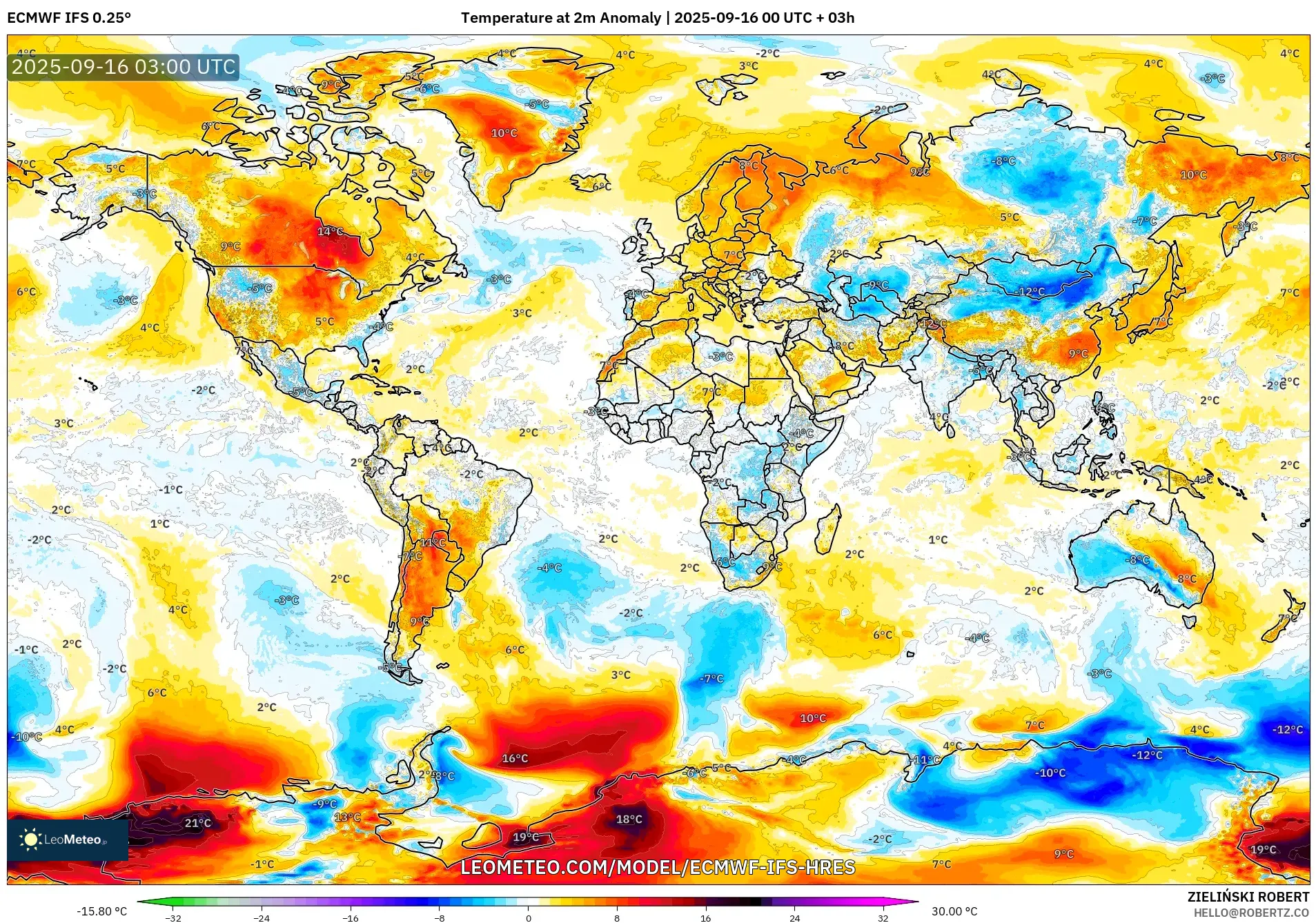 ECMWF IFS 0.25° model - World, Temperature at 2m Anomaly