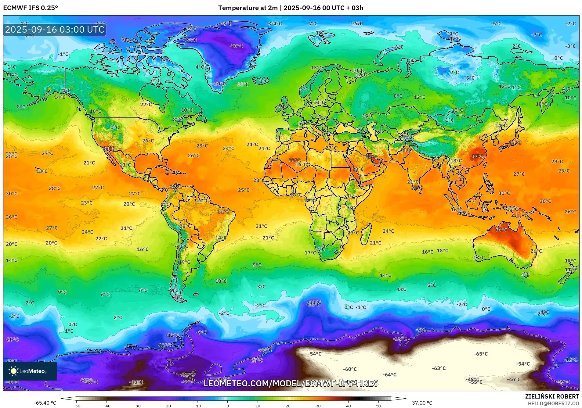 ECMWF IFS 0.25° model - World, Temperature at 2m
