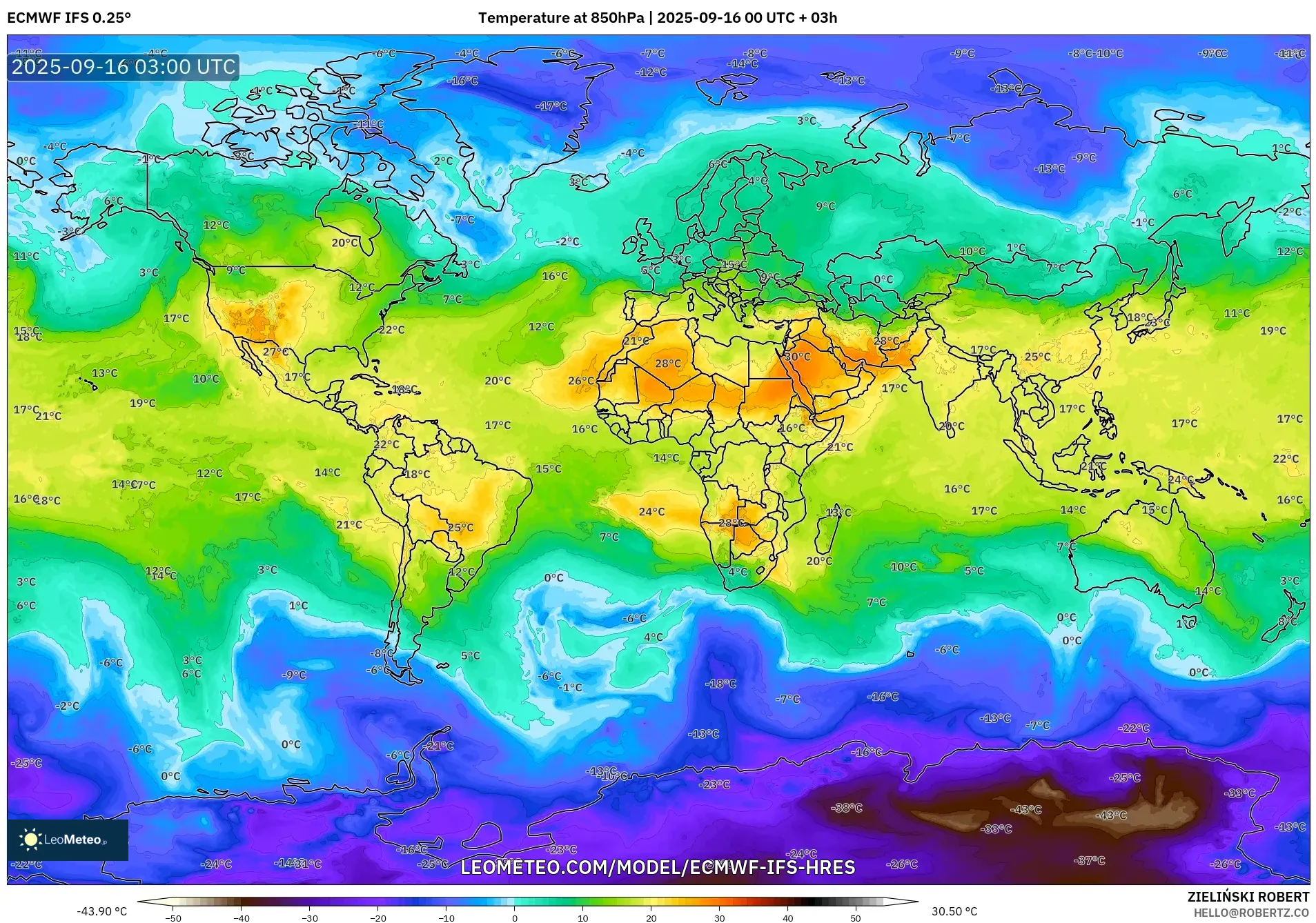 ECMWF IFS 0.25° model - World, Temperature at 850hPa