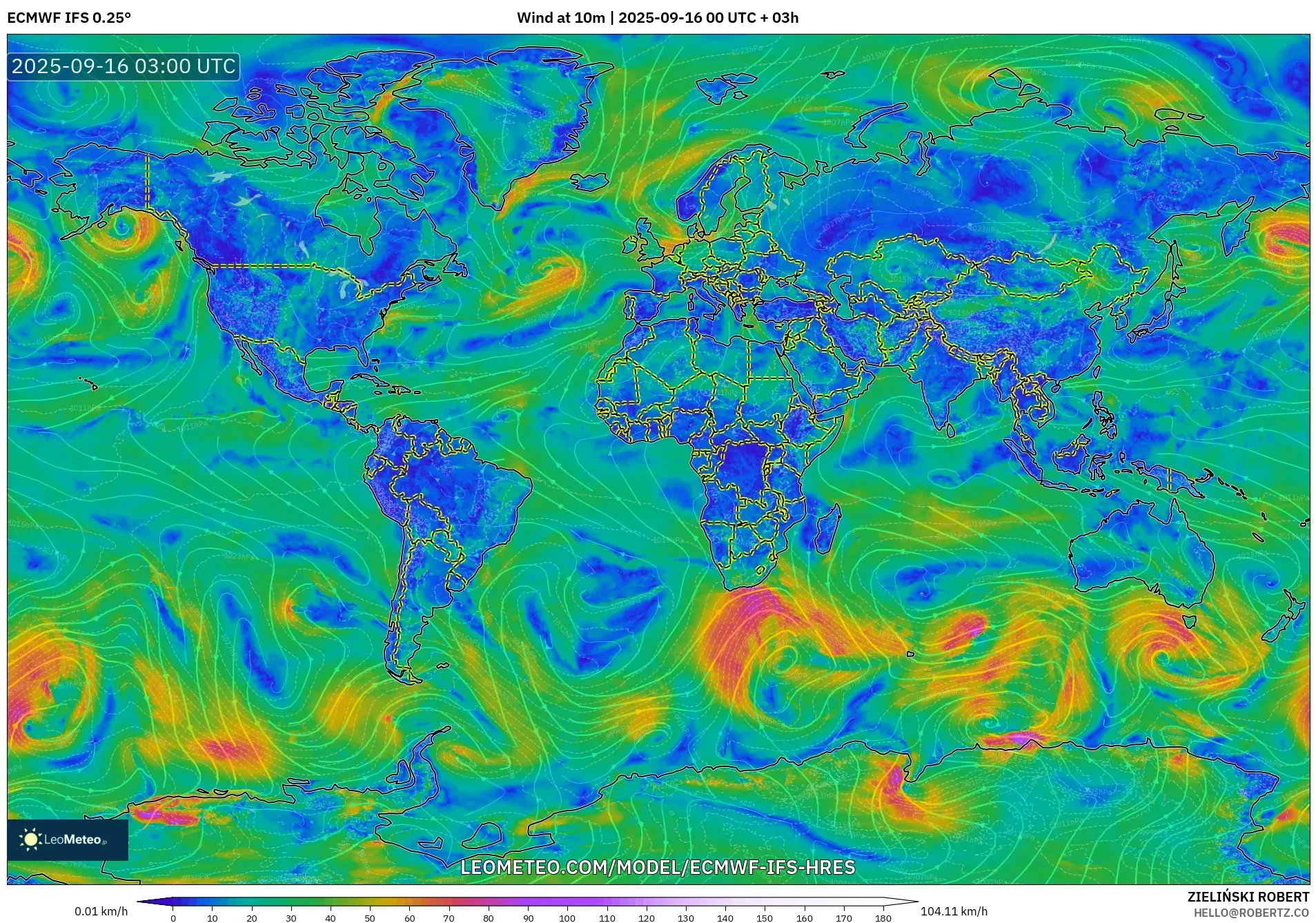 ECMWF IFS 0.25° model - World, Wind at 10m