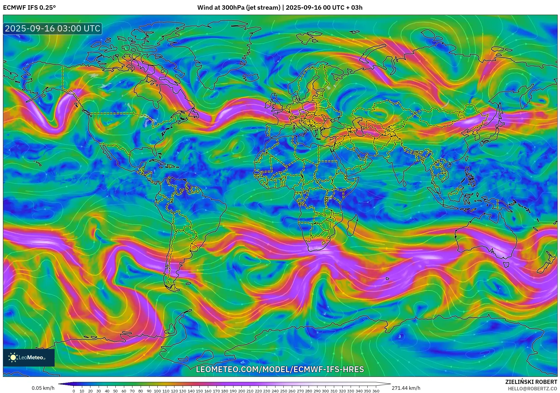 ECMWF IFS 0.25° model - World, Wind at 300hPa (jet stream)
