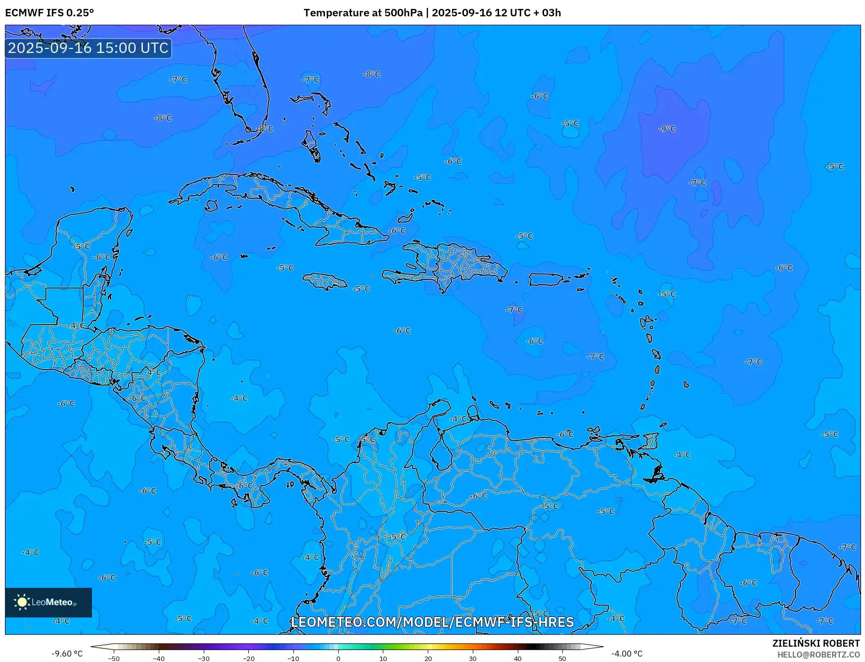 ECMWF IFS 0.25° model - Caribbean, Temperature at 500hPa