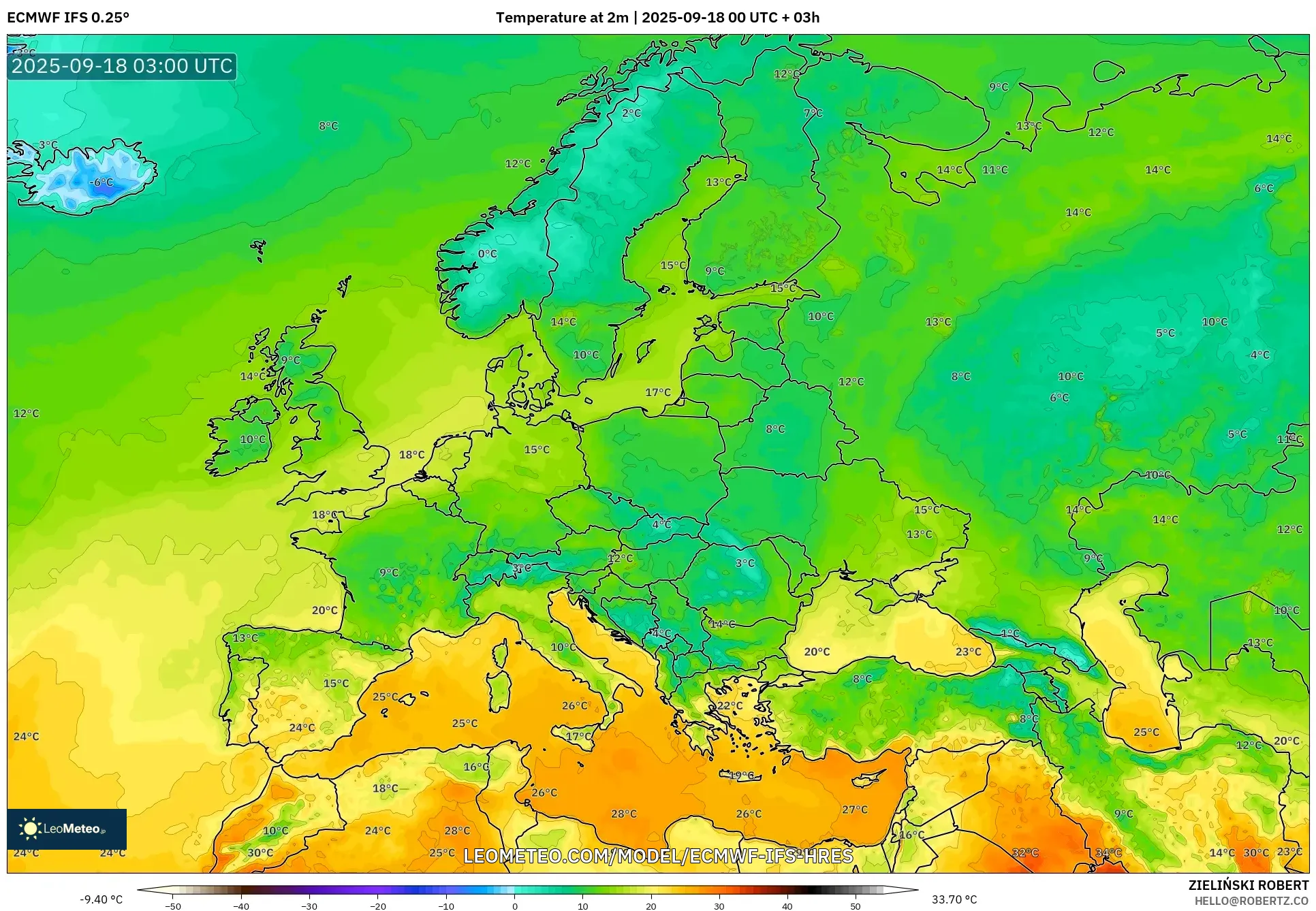 ECMWF IFS 0.25° model - Europe, Temperature at 2m