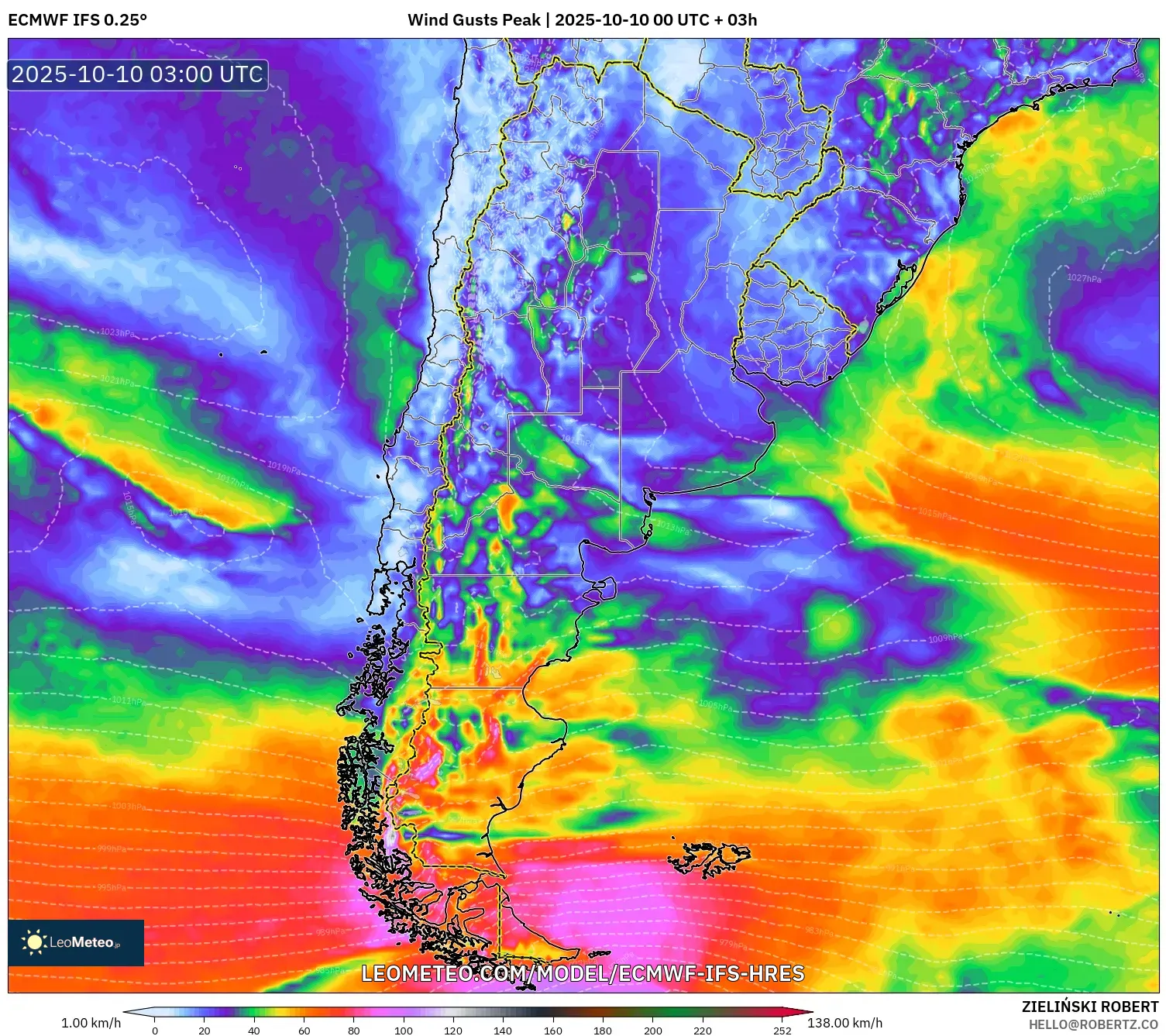 ECMWF IFS 0.25° model - Argentina, Wind Gusts Peak ECMWF IFS 0.25° model - Argentina, Wind Gusts Peak