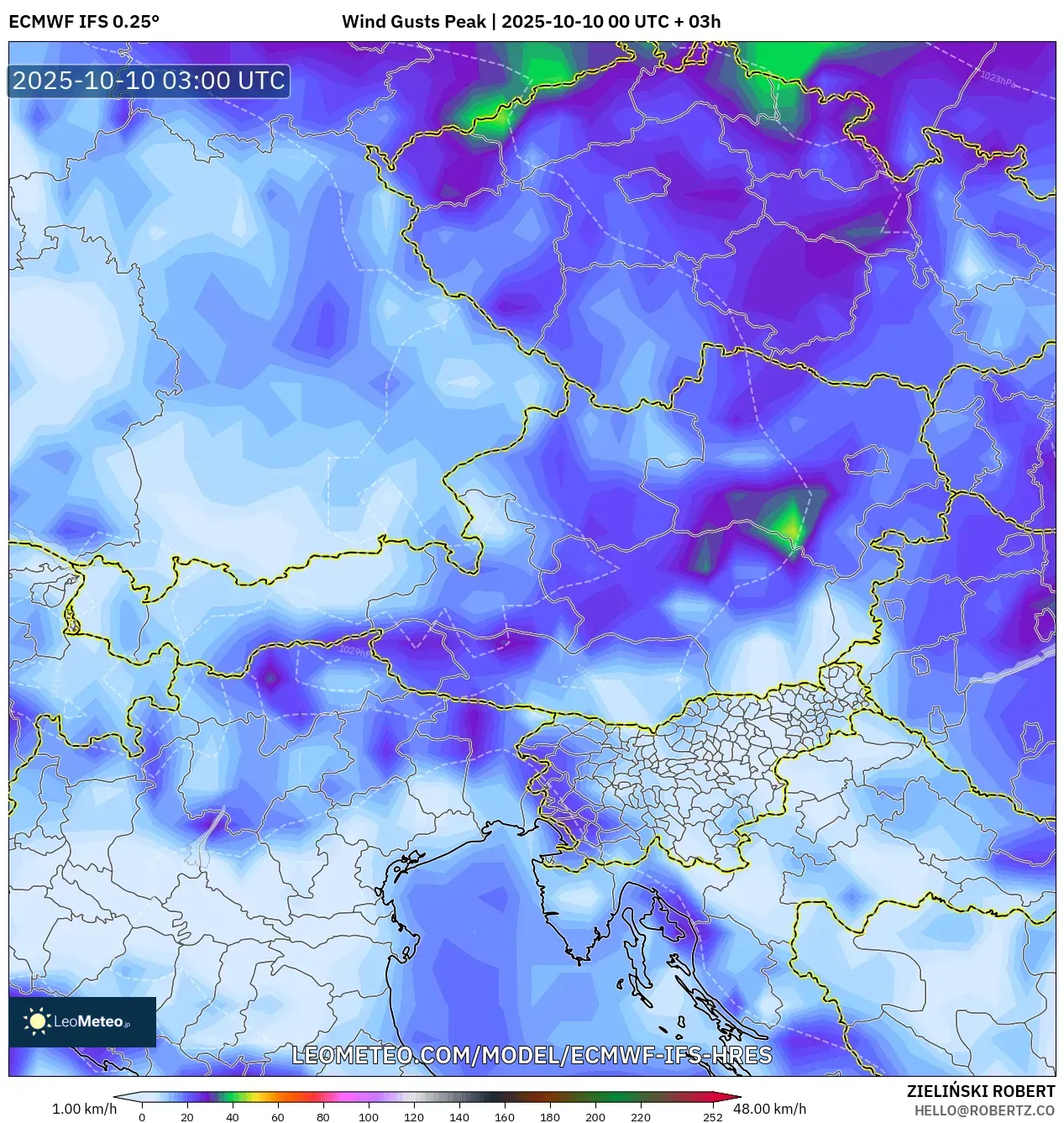 ECMWF IFS 0.25° model - Austria, Wind Gusts Peak ECMWF IFS 0.25° model - Austria, Wind Gusts Peak
