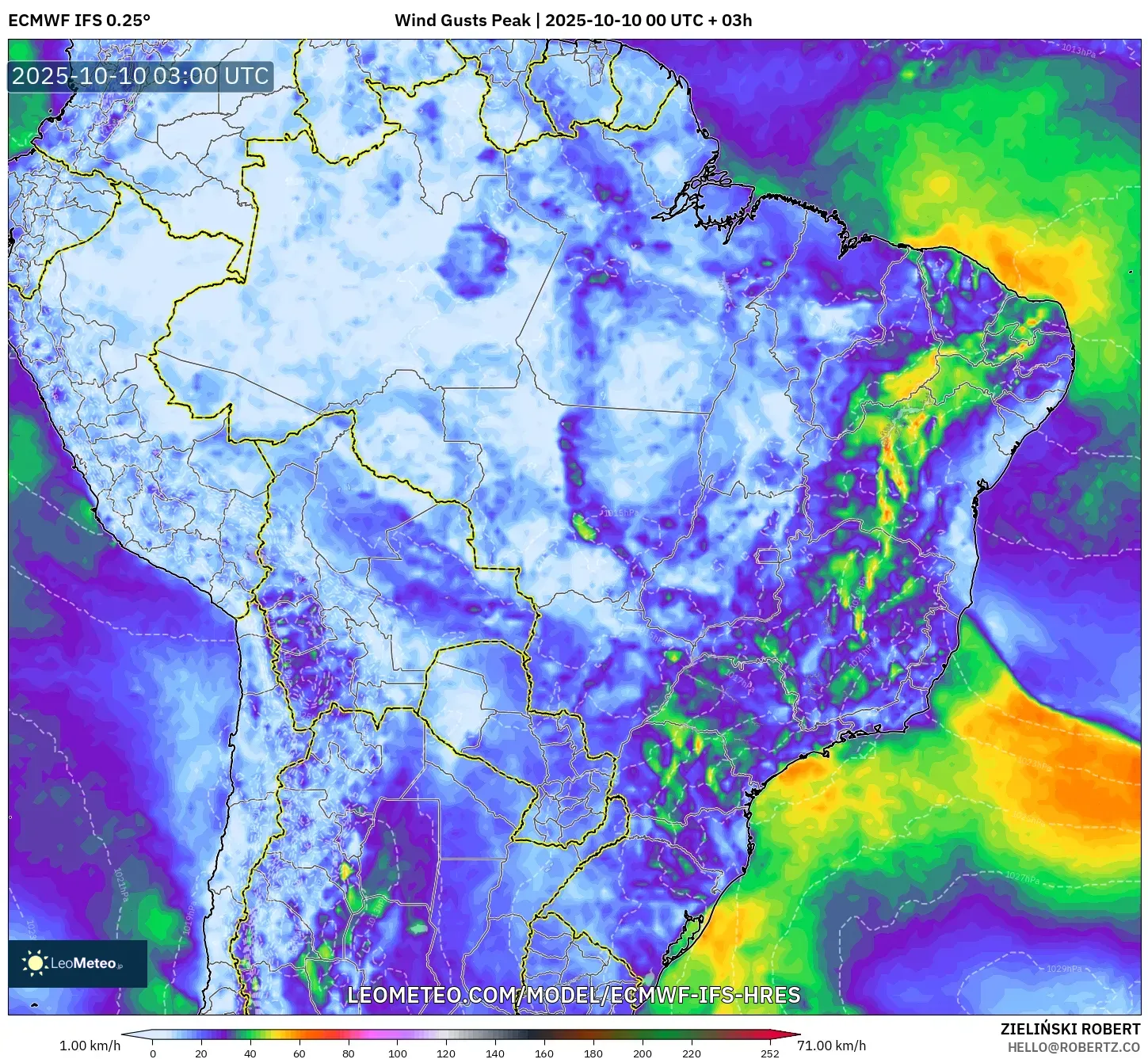 ECMWF IFS 0.25° model - Brazil, Wind Gusts Peak ECMWF IFS 0.25° model - Brazil, Wind Gusts Peak