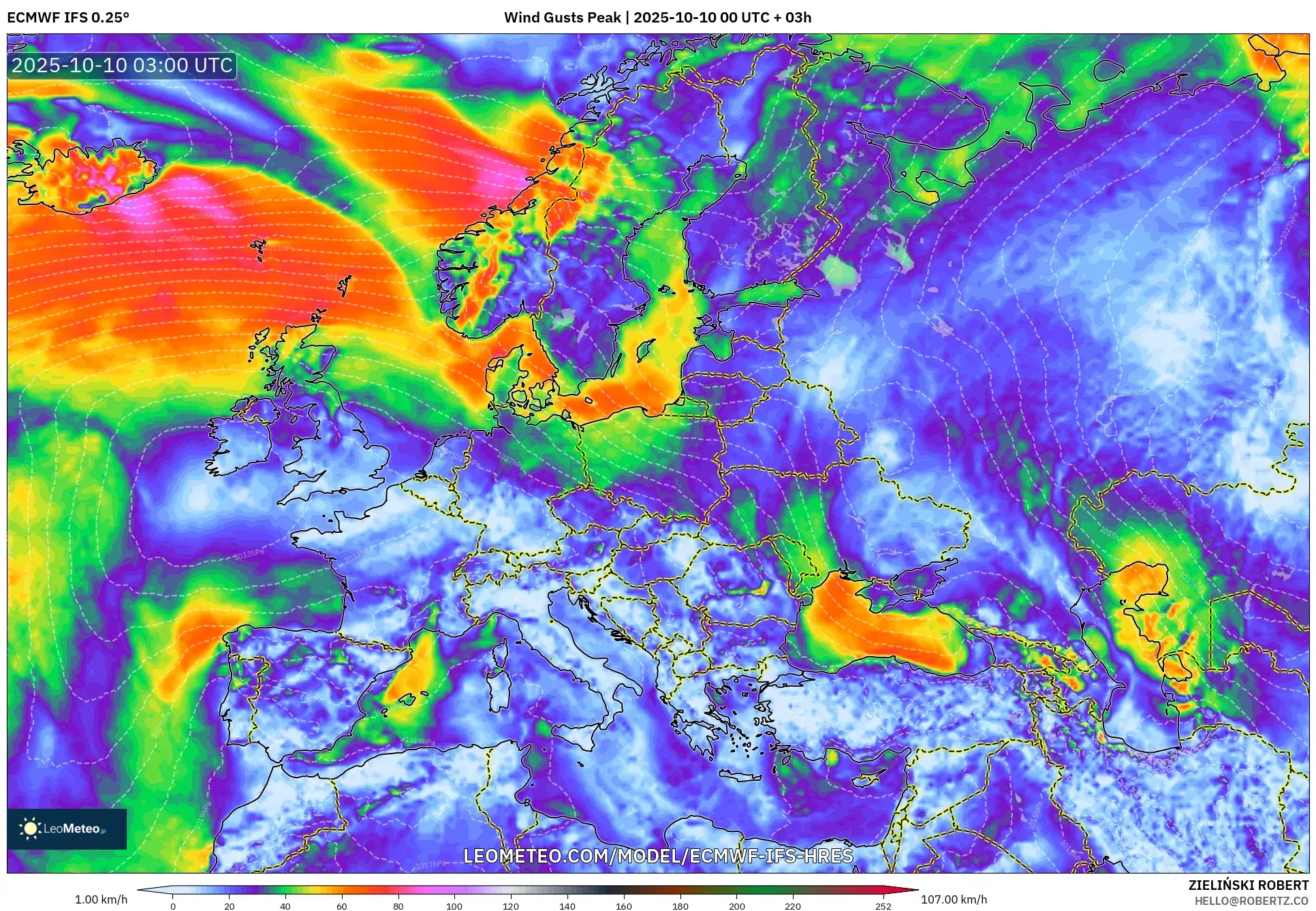 ECMWF IFS 0.25° model - Europe, Wind Gusts Peak ECMWF IFS 0.25° model - Europe, Wind Gusts Peak