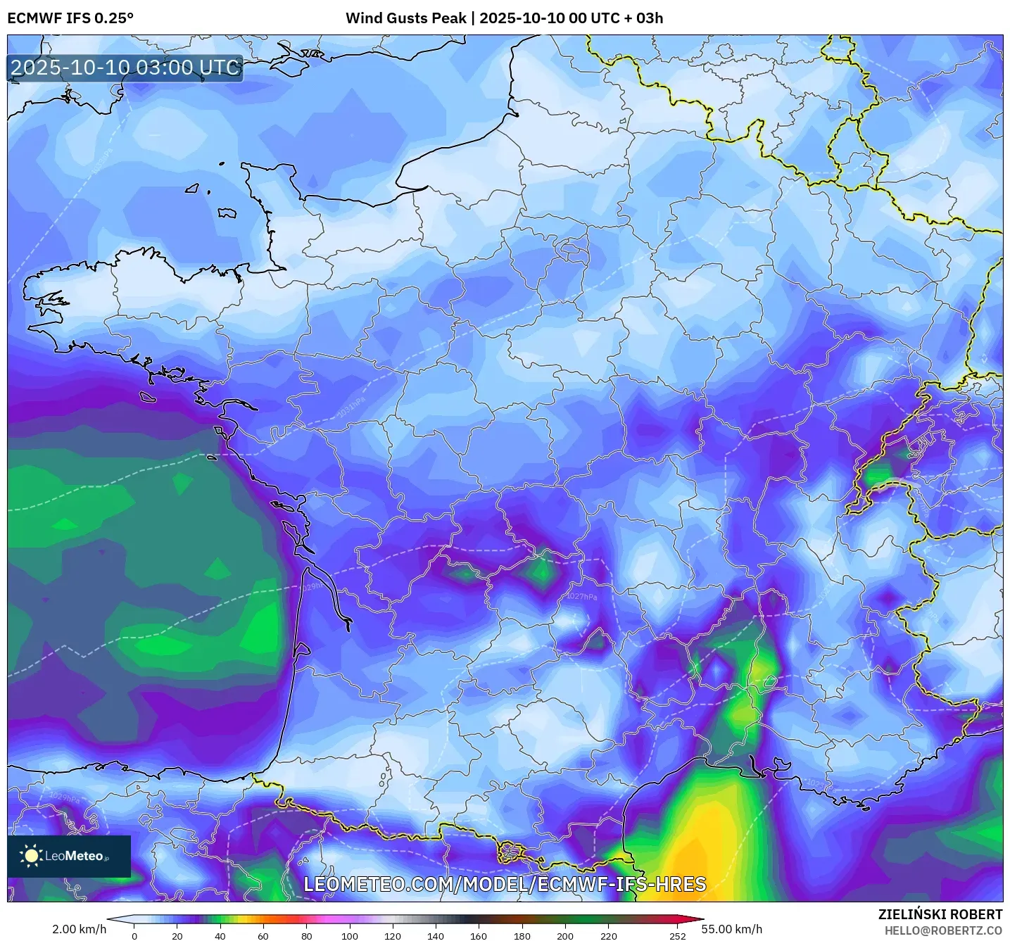 ECMWF IFS 0.25° model - France, Wind Gusts Peak