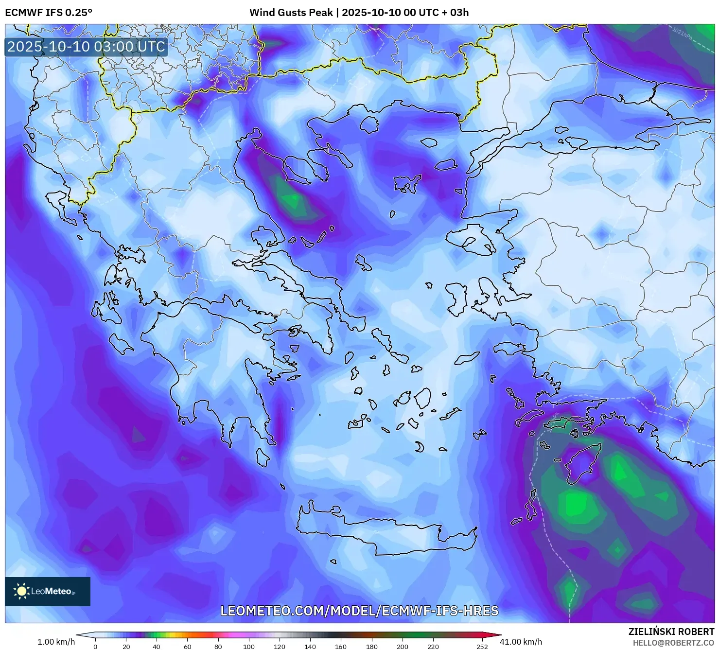 ECMWF IFS 0.25° model - Greece, Wind Gusts Peak ECMWF IFS 0.25° model - Greece, Wind Gusts Peak