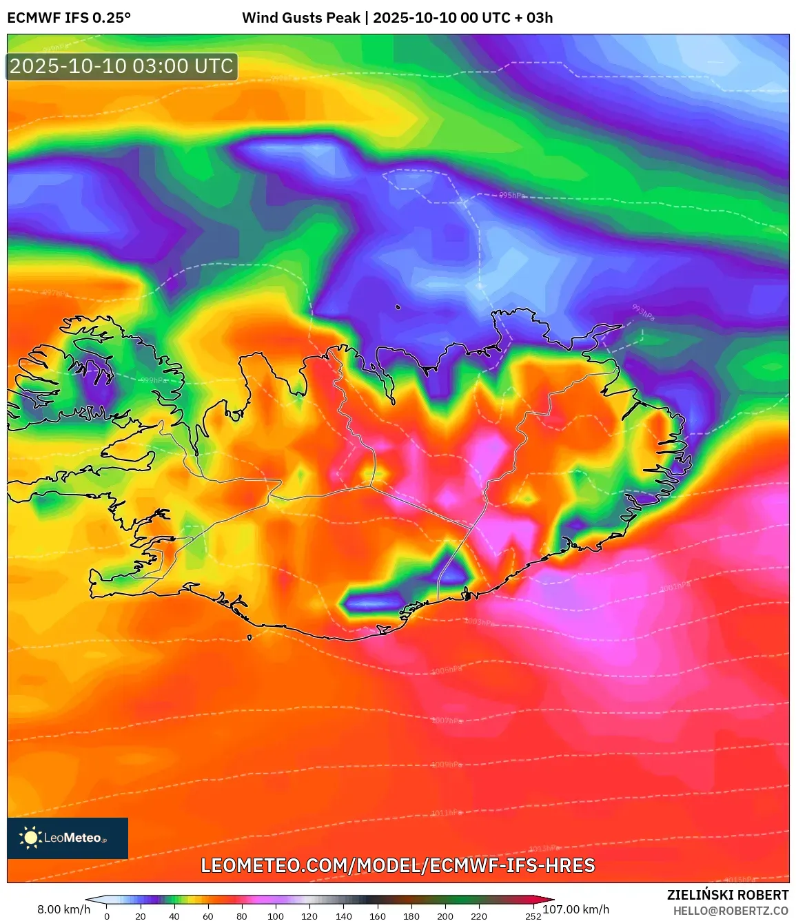 ECMWF IFS 0.25° model - Iceland, Wind Gusts Peak ECMWF IFS 0.25° model - Iceland, Wind Gusts Peak