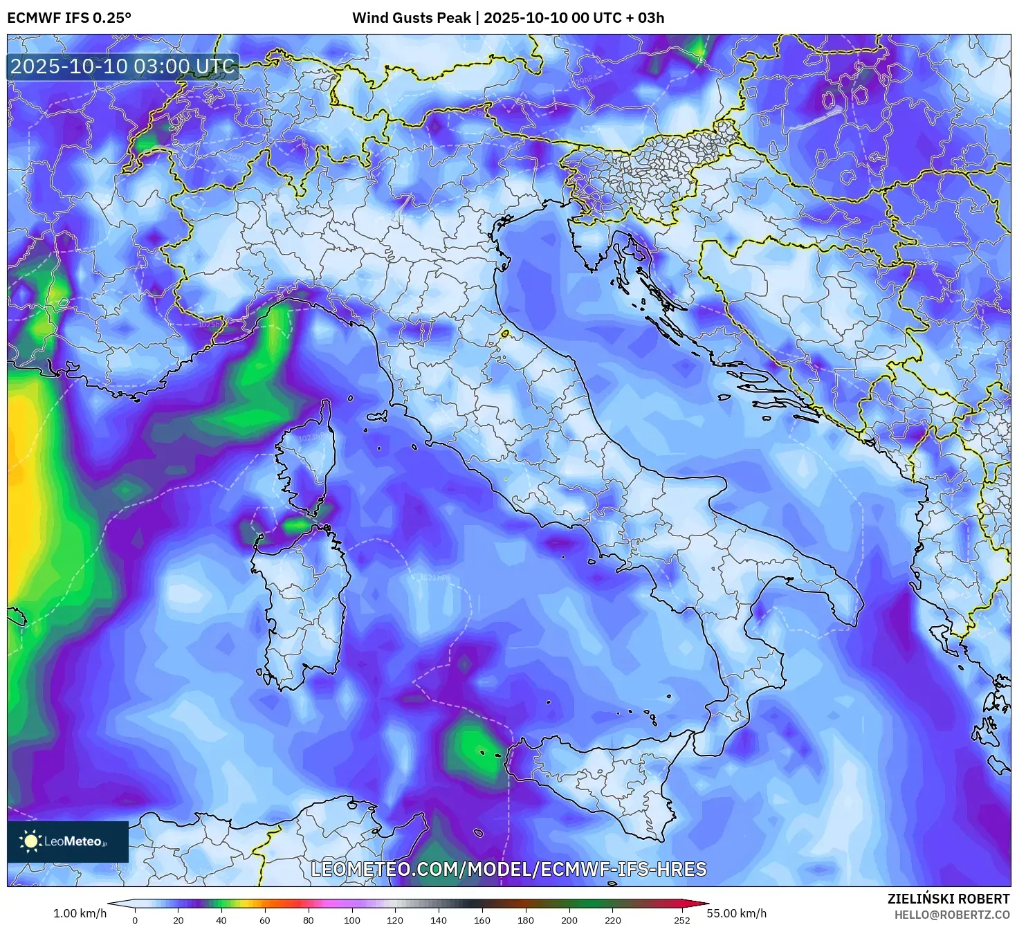 ECMWF IFS 0.25° model - Italy, Wind Gusts Peak ECMWF IFS 0.25° model - Italy, Wind Gusts Peak