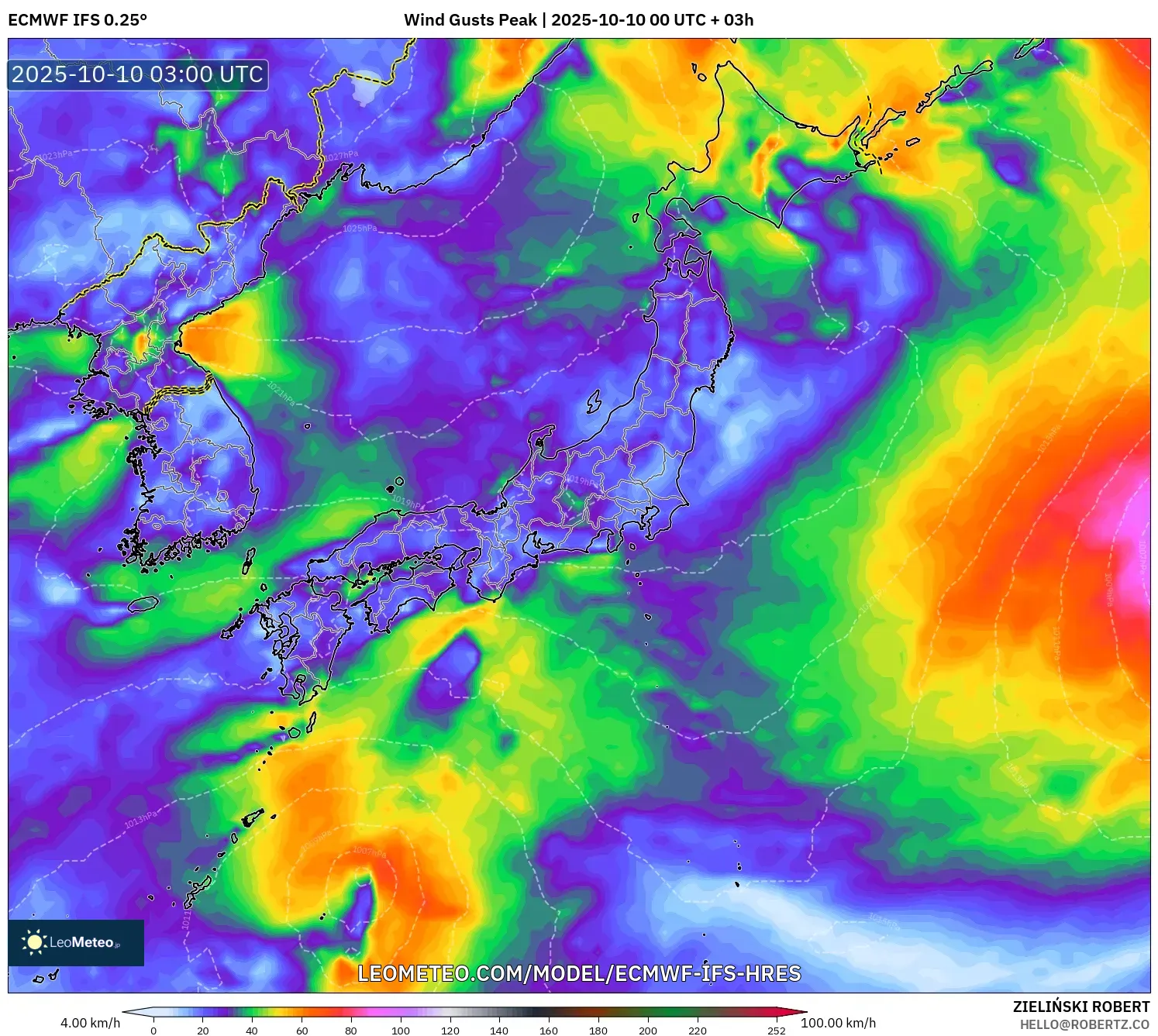 ECMWF IFS 0.25° model - Japan, Wind Gusts Peak ECMWF IFS 0.25° model - Japan, Wind Gusts Peak