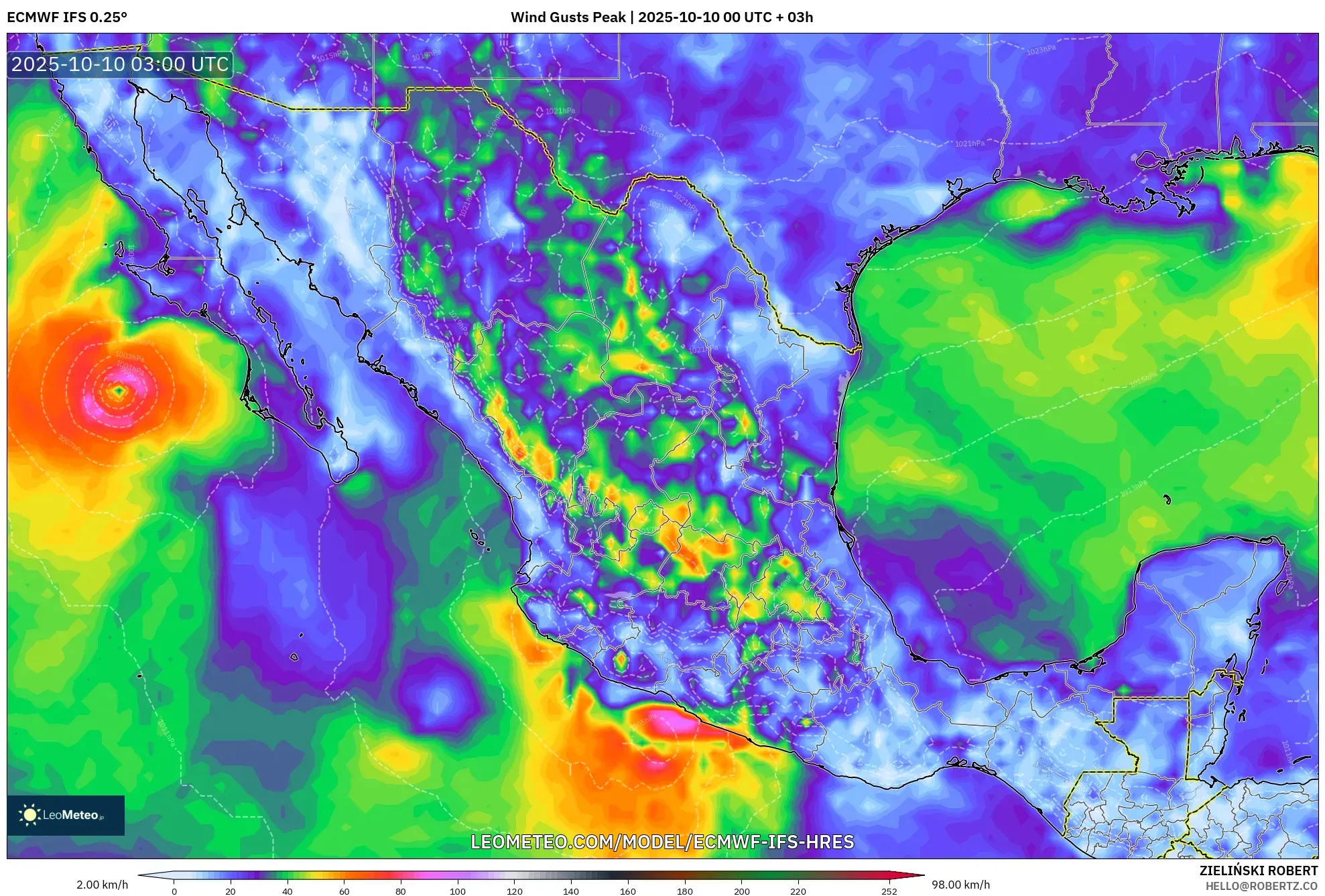 ECMWF IFS 0.25° model - Mexico, Wind Gusts Peak ECMWF IFS 0.25° model - Mexico, Wind Gusts Peak
