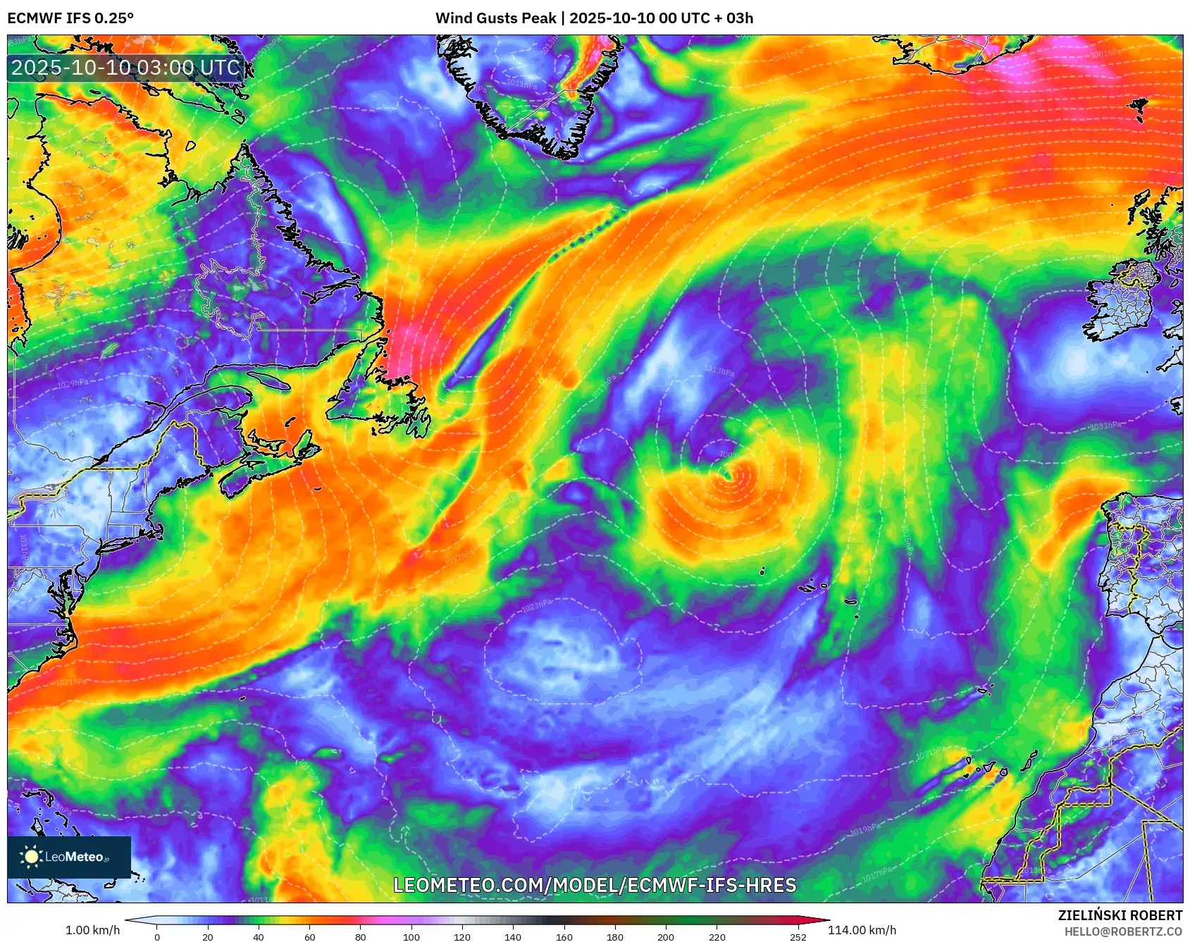 ECMWF IFS 0.25° model - North Atlantic, Wind Gusts Peak
