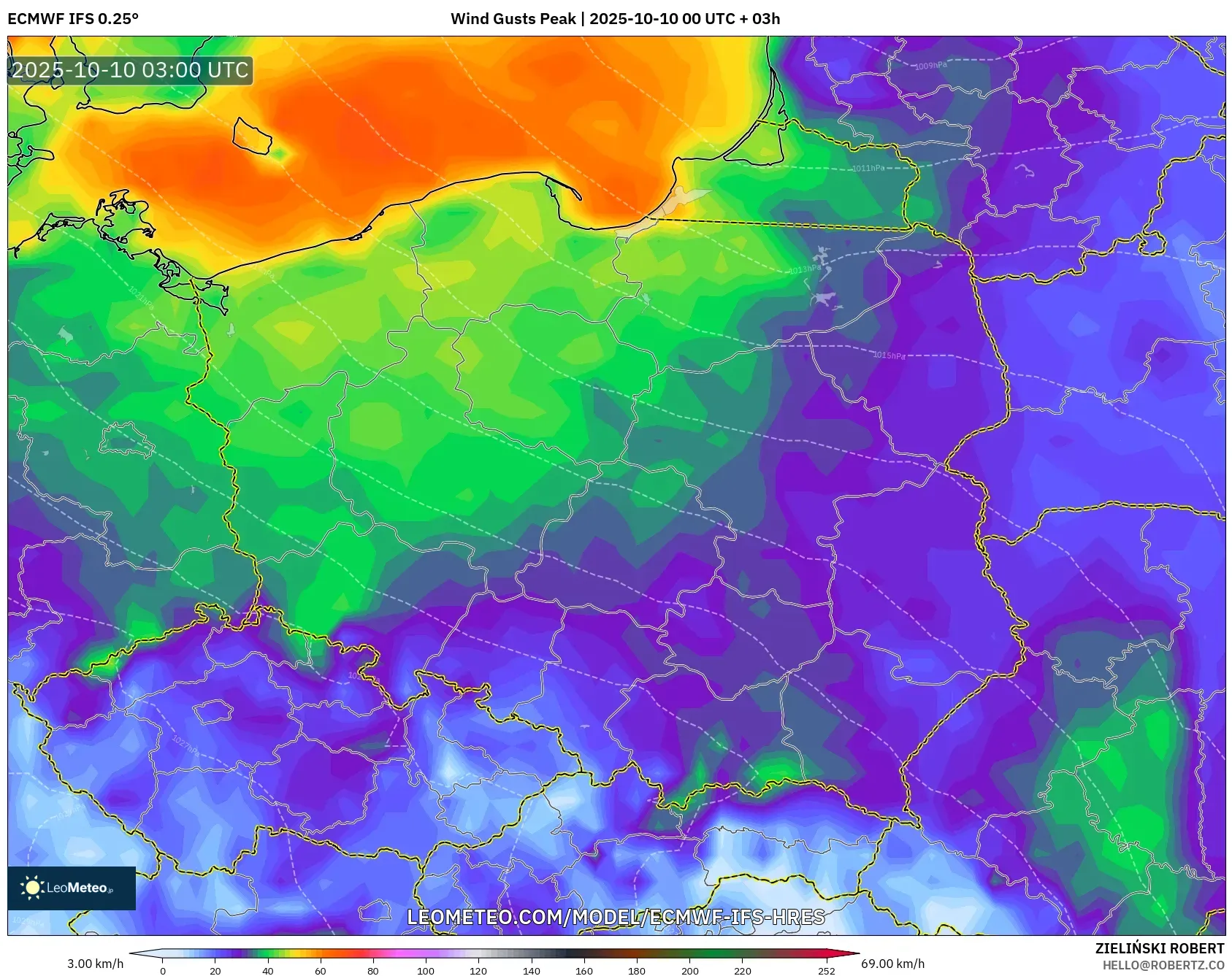 ECMWF IFS 0.25° model - Poland, Wind Gusts Peak