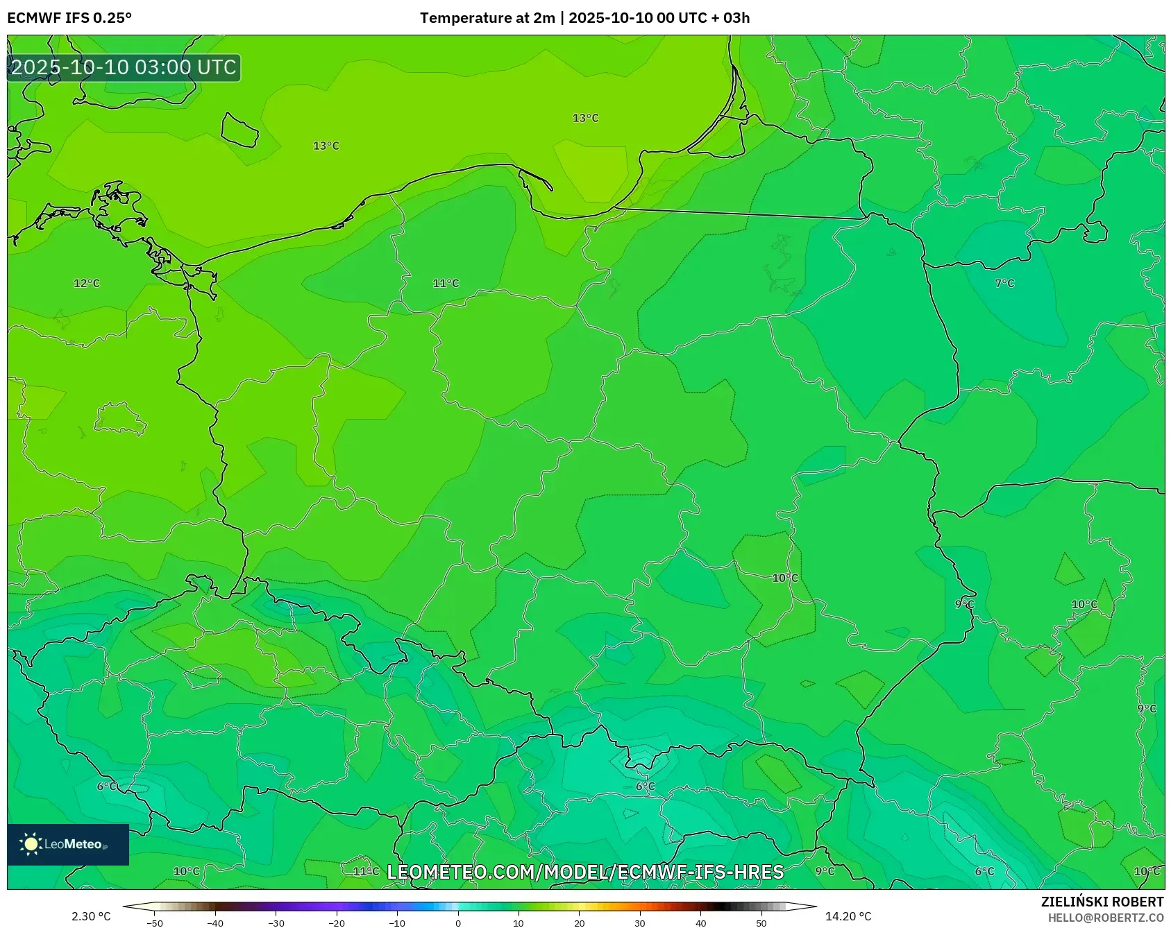 ECMWF IFS 0.25° model - Poland, Temperature at 2m ECMWF IFS 0.25° model - Poland, Temperature at 2m