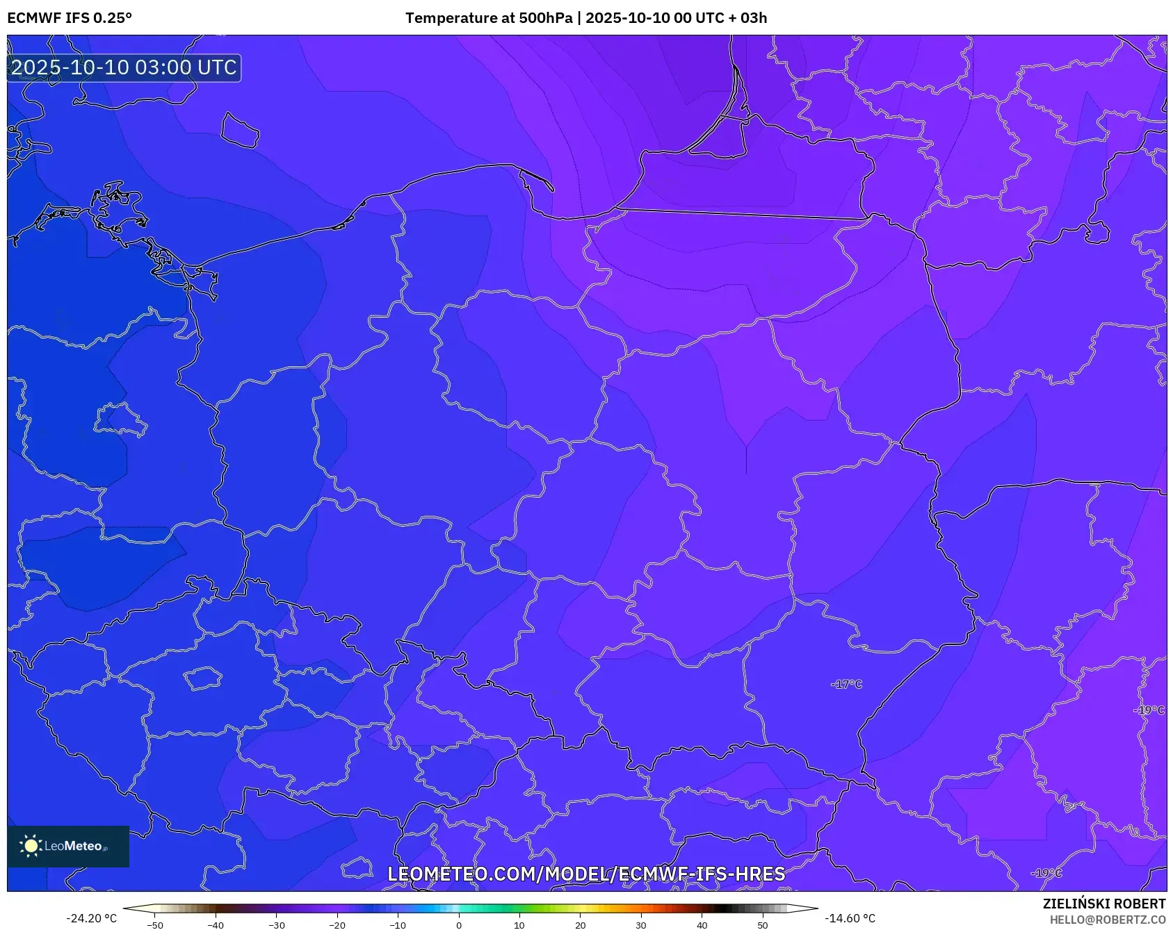 ECMWF IFS 0.25° model - Poland, Temperature at 500hPa