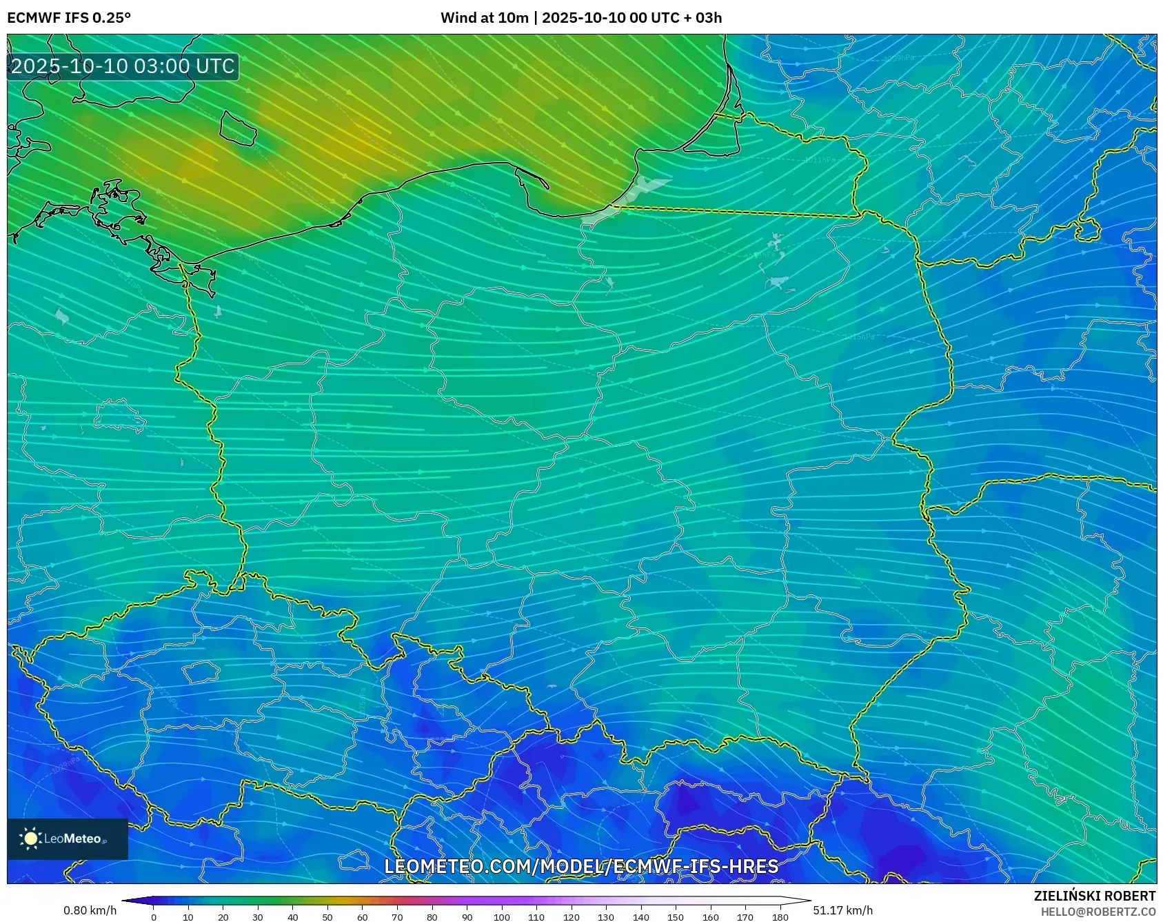 ECMWF IFS 0.25° model - Poland, Wind at 10m ECMWF IFS 0.25° model - Poland, Wind at 10m