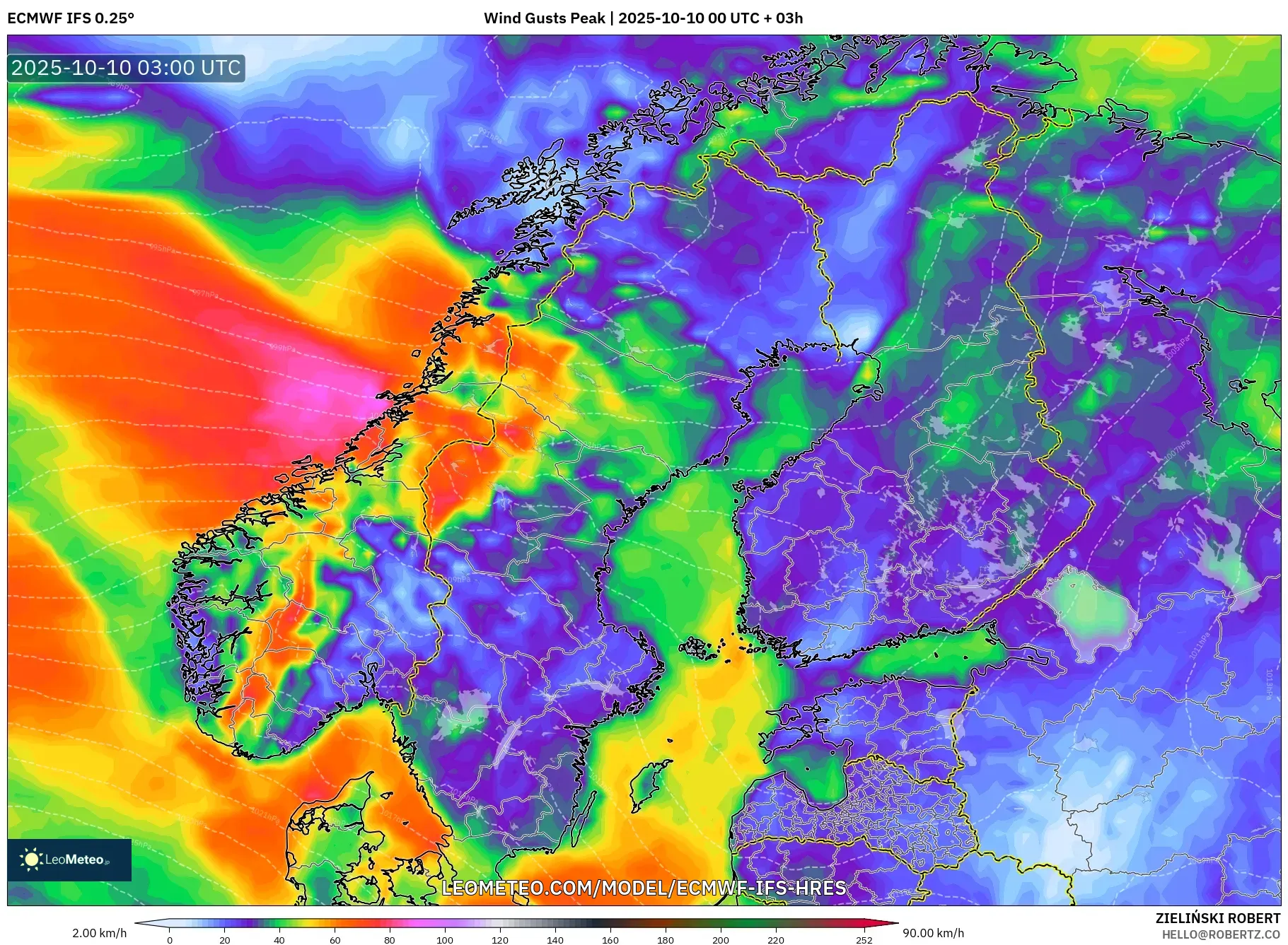 ECMWF IFS 0.25° model - Scandinavia, Wind Gusts Peak ECMWF IFS 0.25° model - Scandinavia, Wind Gusts Peak