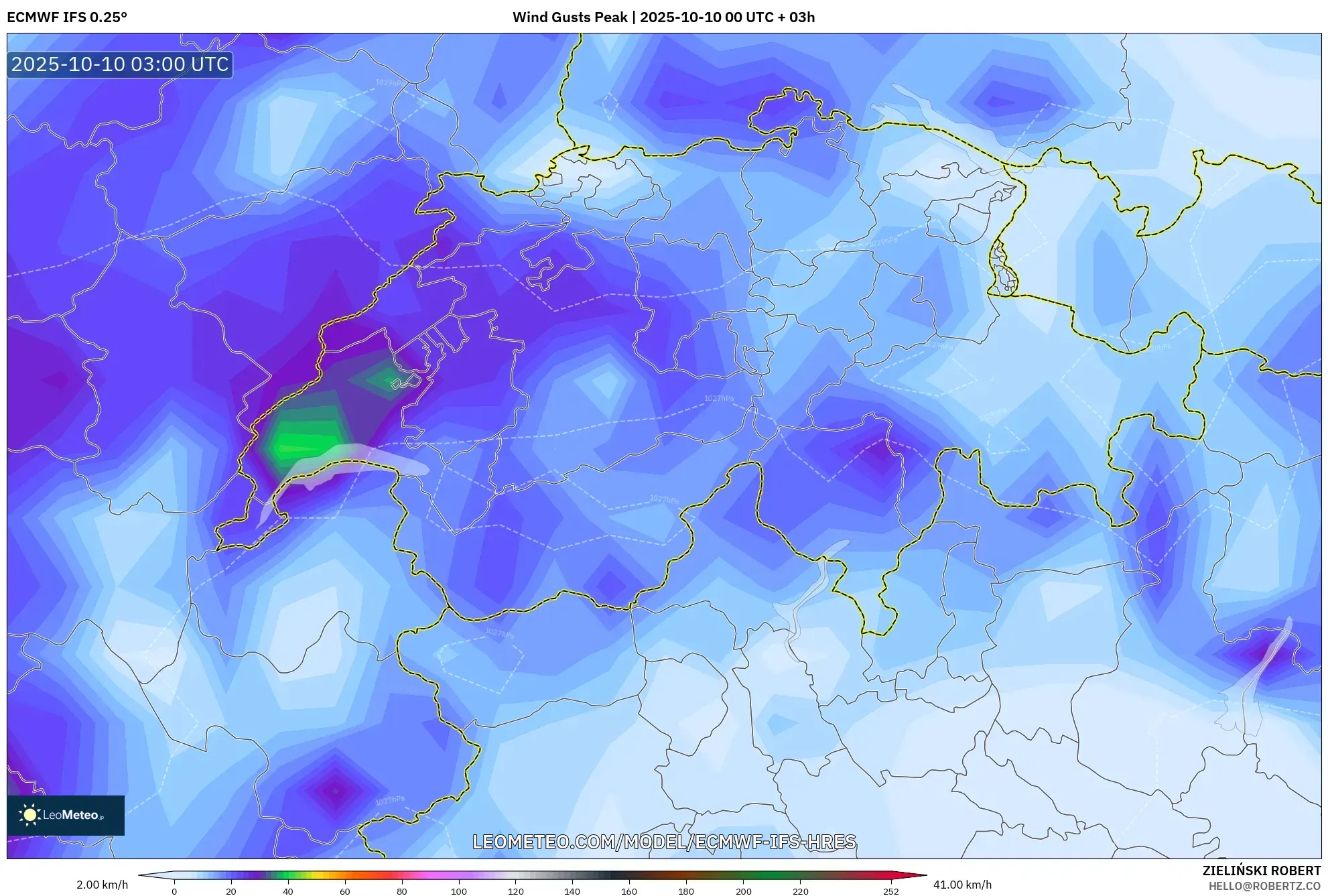 ECMWF IFS 0.25° model - Switzerland, Wind Gusts Peak