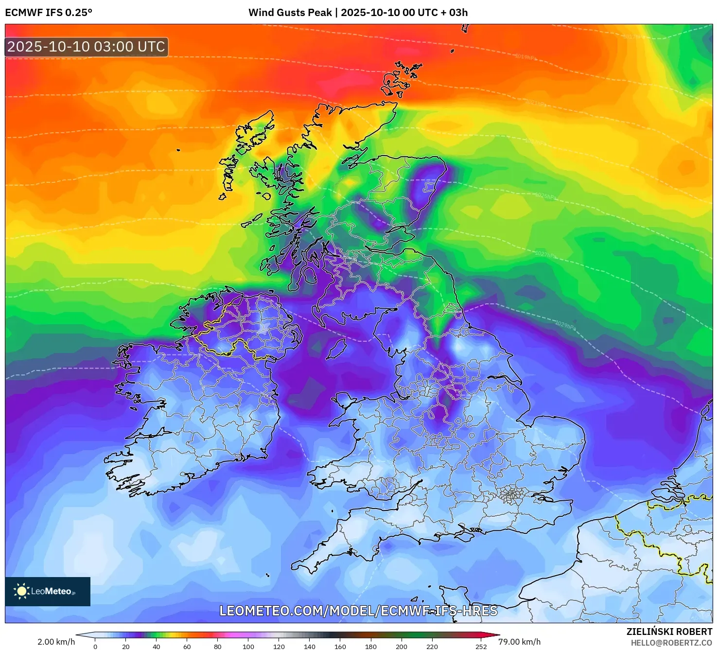 ECMWF IFS 0.25° model - United Kingdom, Wind Gusts Peak