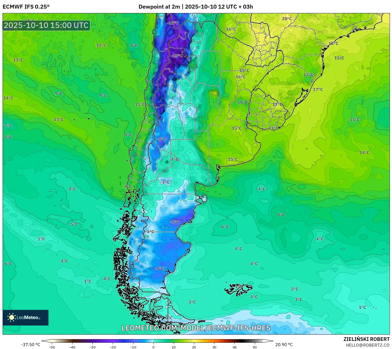 ECMWF IFS 0.25° model - Argentina, Dewpoint at 2m ECMWF IFS 0.25° model - Argentina, Dewpoint at 2m