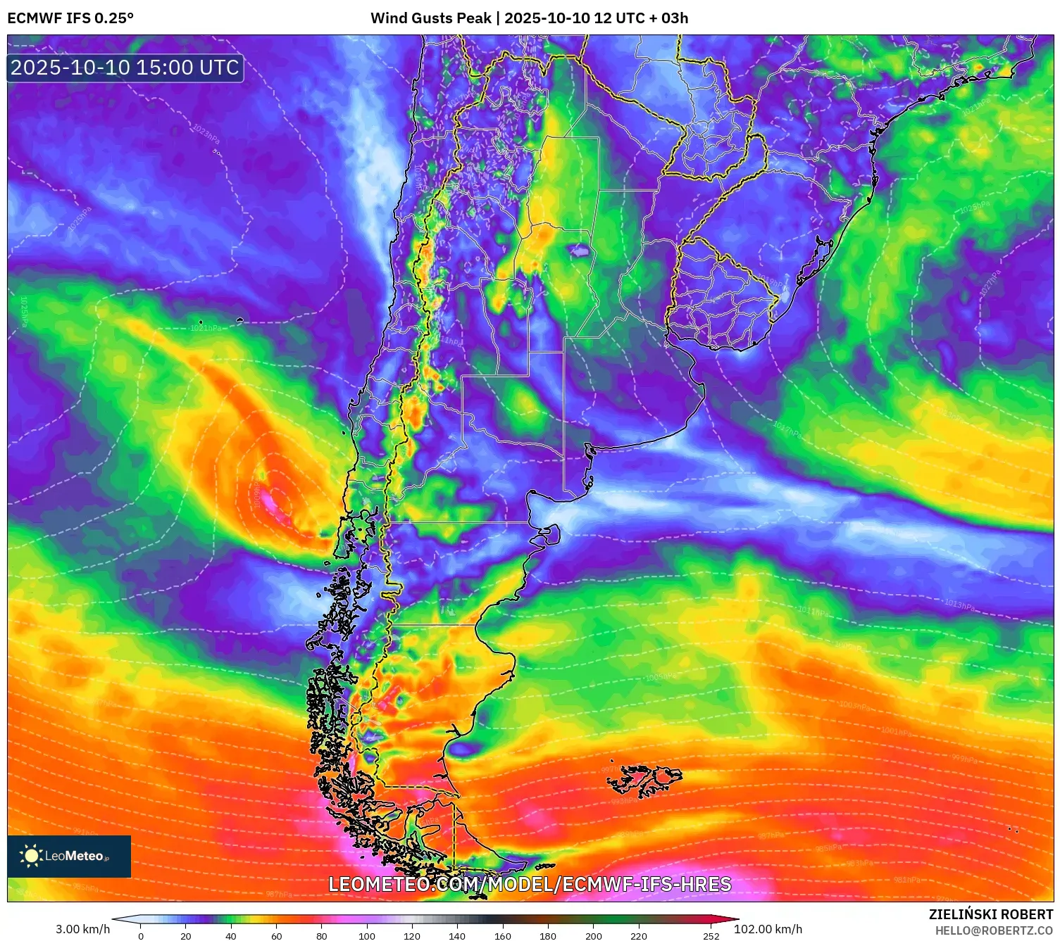 ECMWF IFS 0.25° model - Argentina, Wind Gusts Peak ECMWF IFS 0.25° model - Argentina, Wind Gusts Peak