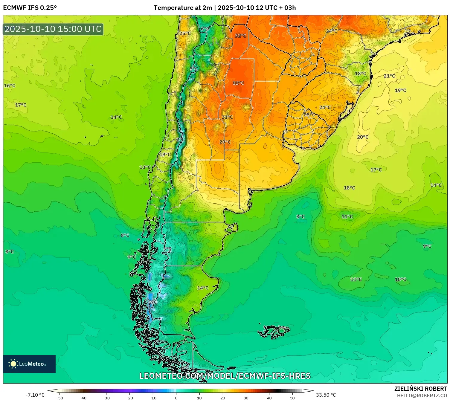 ECMWF IFS 0.25° model - Argentina, Temperature at 2m