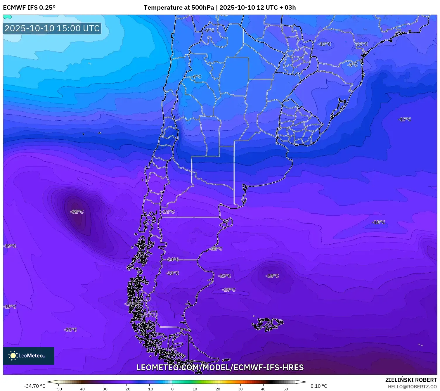ECMWF IFS 0.25° model - Argentina, Temperature at 500hPa