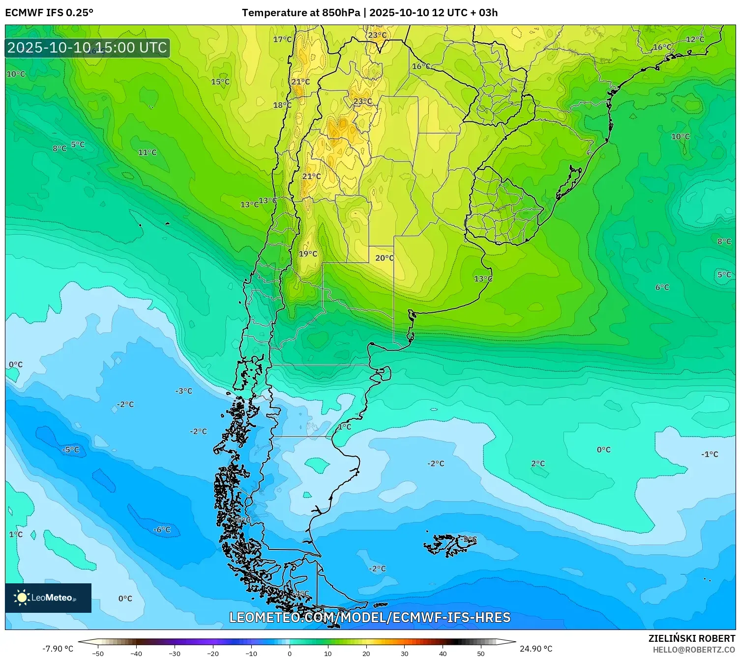 ECMWF IFS 0.25° model - Argentina, Temperature at 850hPa ECMWF IFS 0.25° model - Argentina, Temperature at 850hPa
