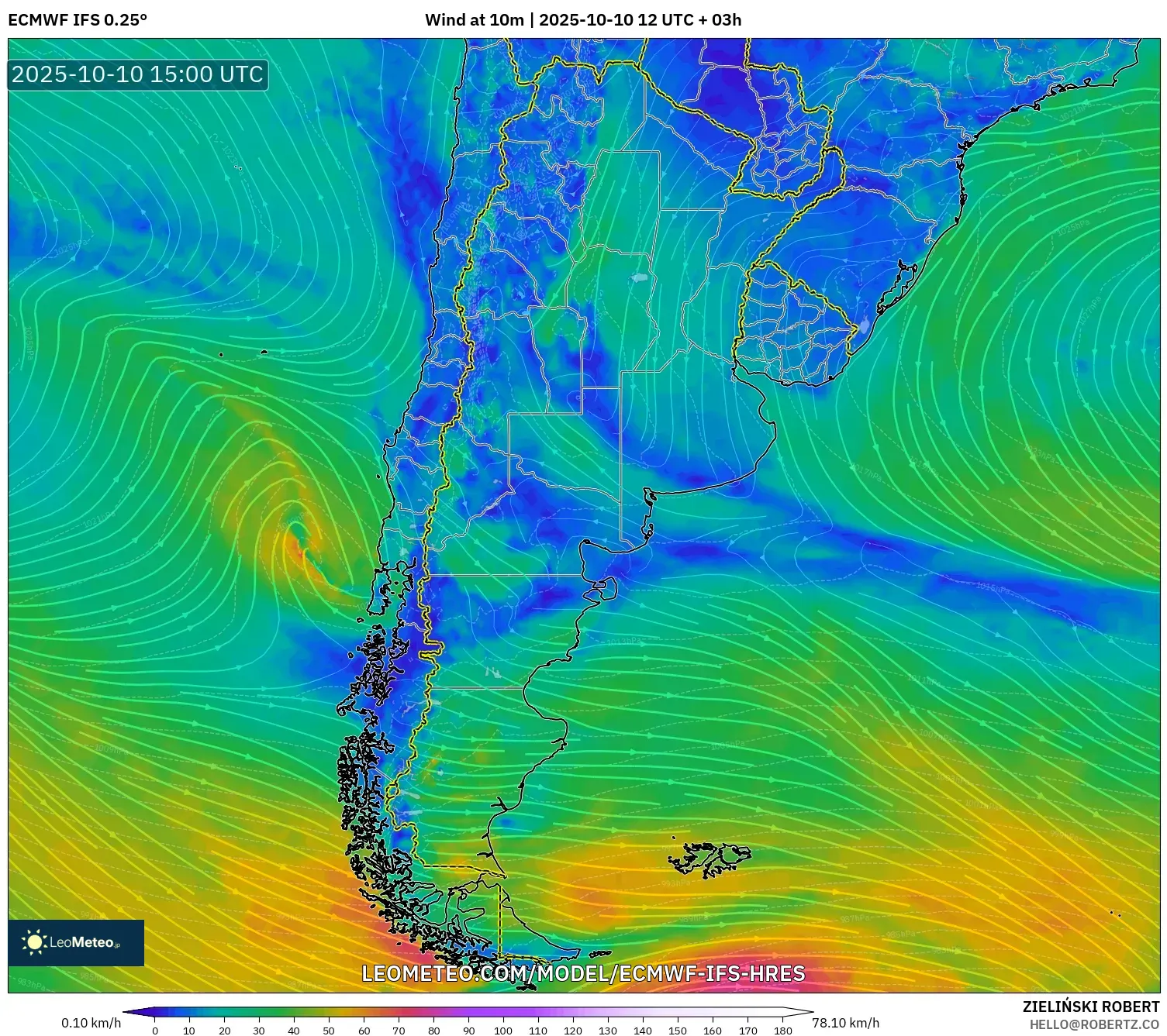 ECMWF IFS 0.25° model - Argentina, Wind at 10m ECMWF IFS 0.25° model - Argentina, Wind at 10m
