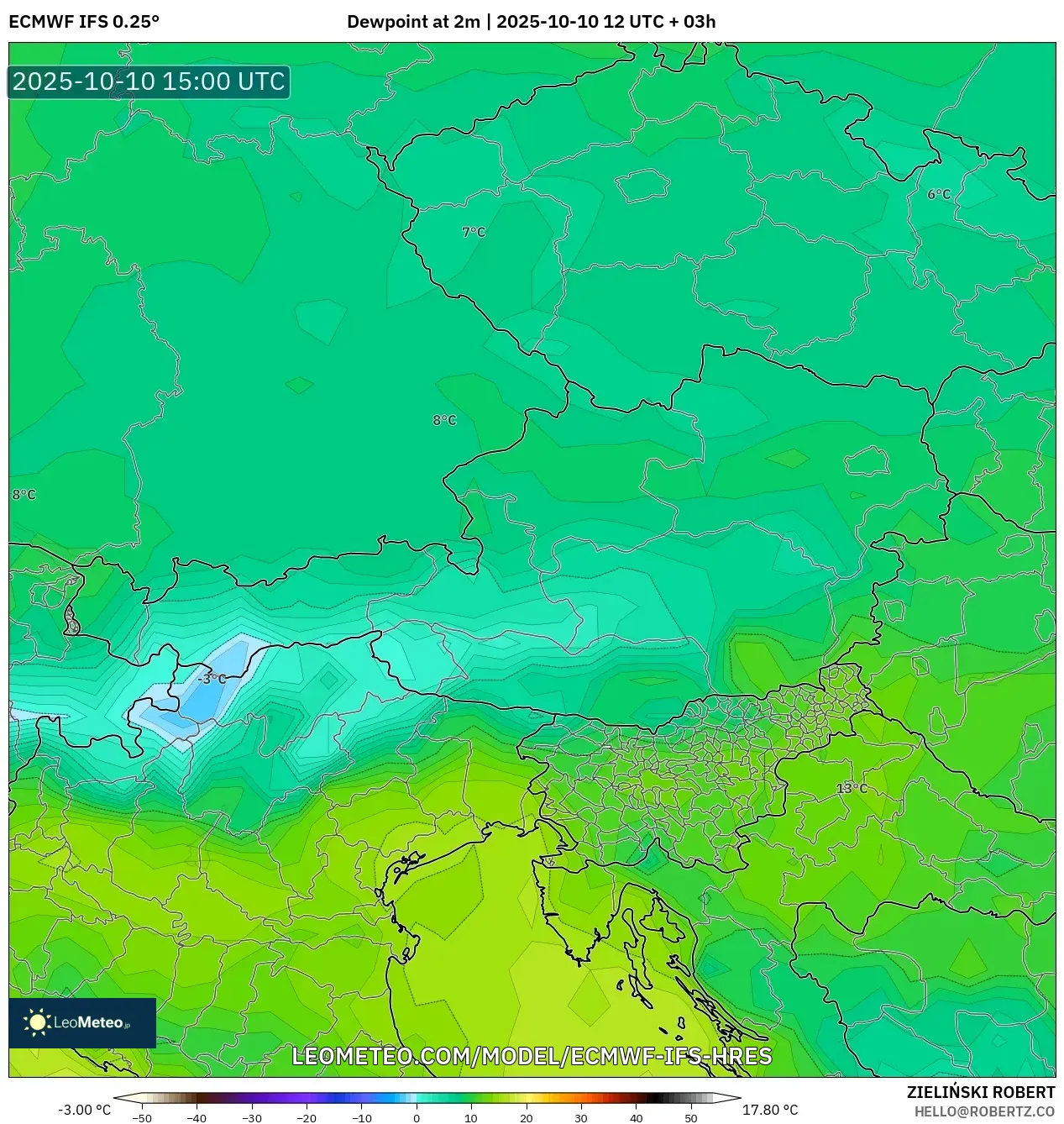 ECMWF IFS 0.25° model - Austria, Dewpoint at 2m ECMWF IFS 0.25° model - Austria, Dewpoint at 2m