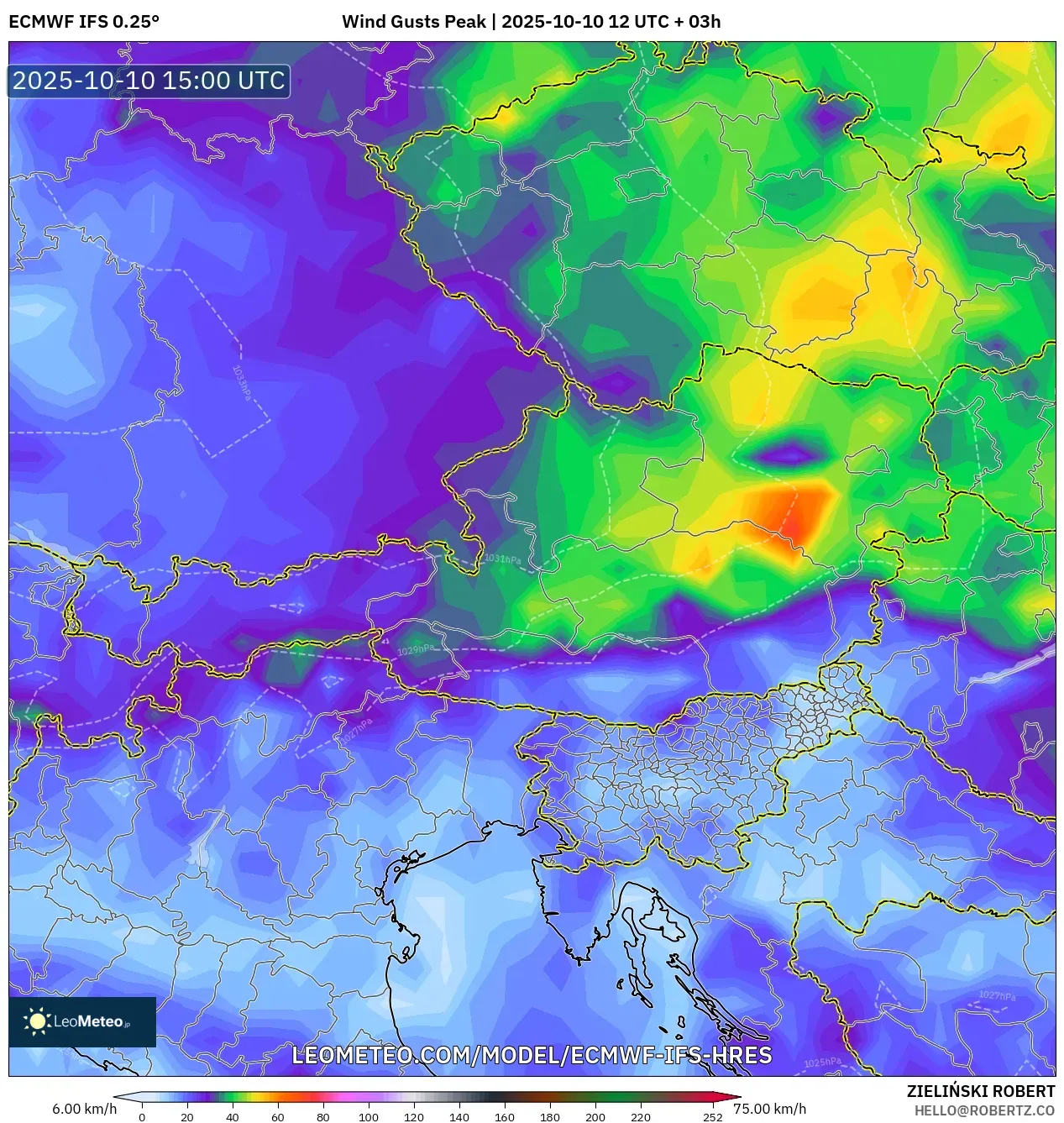 ECMWF IFS 0.25° model - Austria, Wind Gusts Peak ECMWF IFS 0.25° model - Austria, Wind Gusts Peak