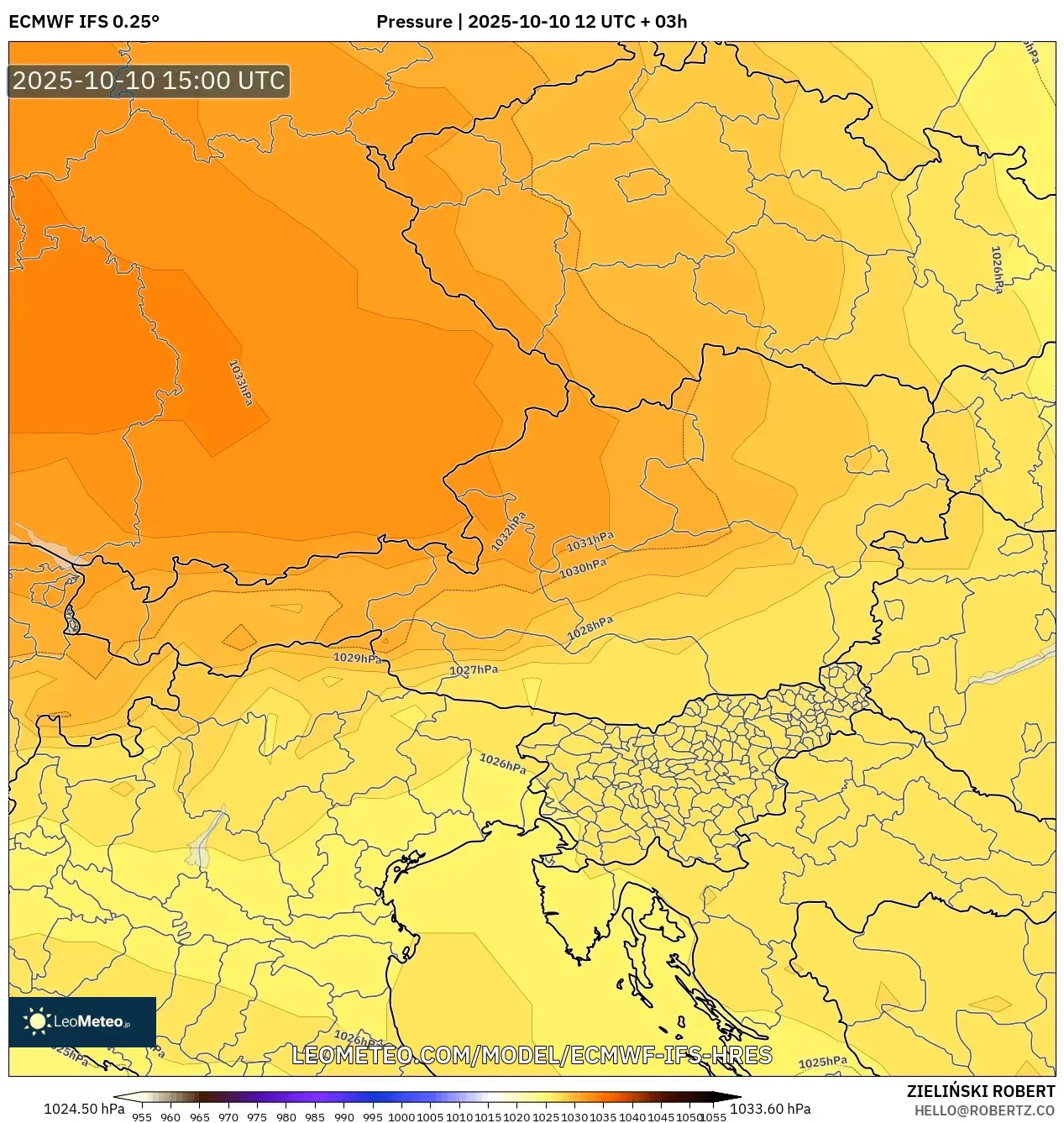 ECMWF IFS 0.25° model - Austria, Pressure ECMWF IFS 0.25° model - Austria, Pressure