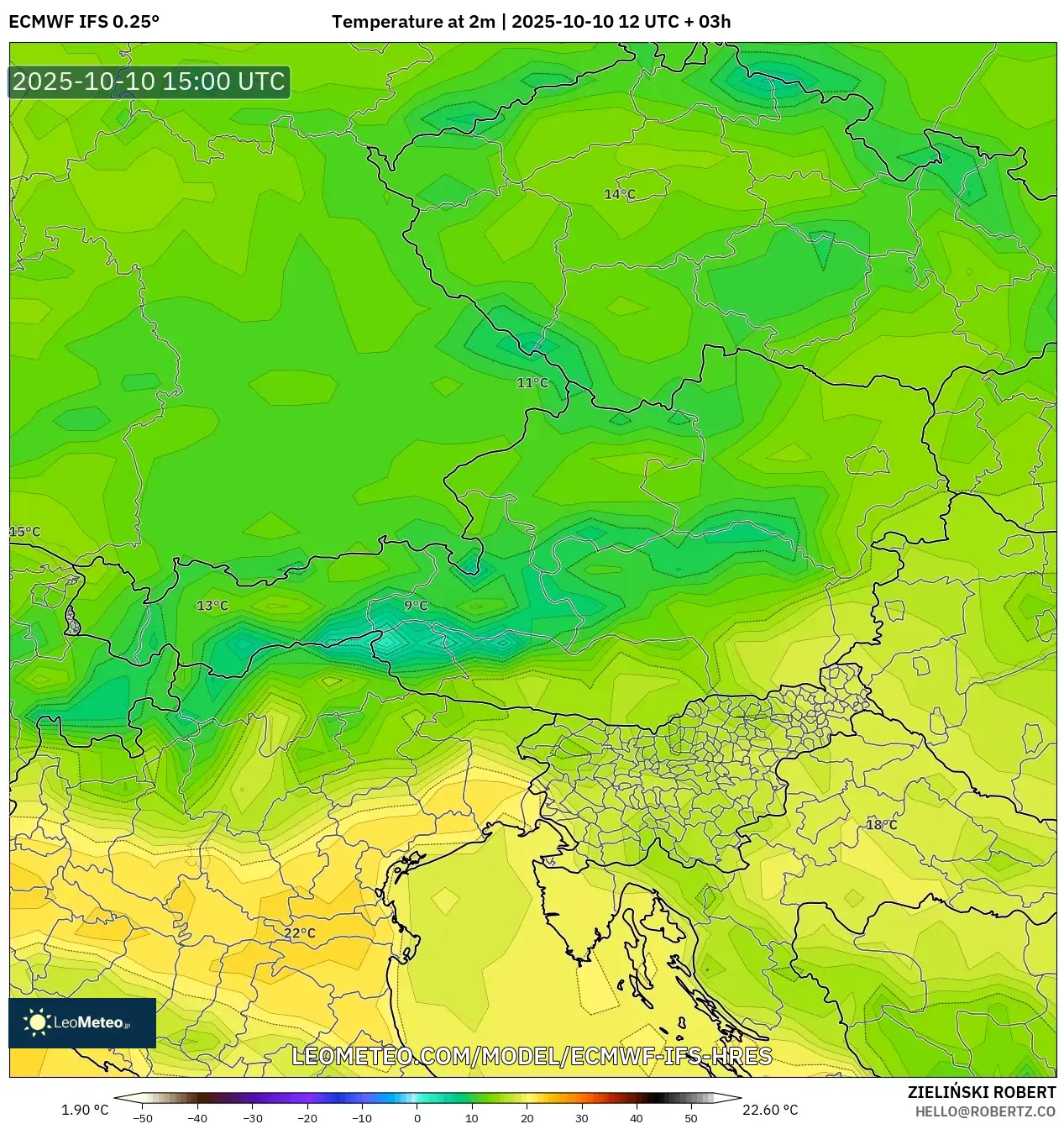 ECMWF IFS 0.25° model - Austria, Temperature at 2m