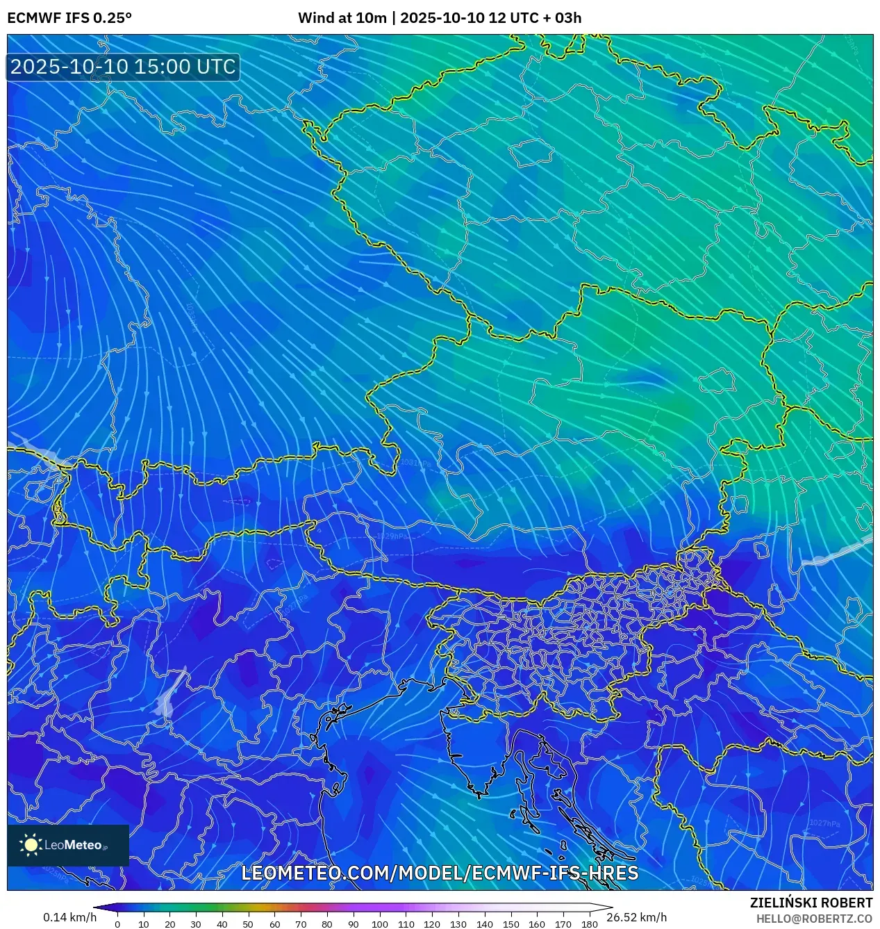 ECMWF IFS 0.25° model - Austria, Wind at 10m ECMWF IFS 0.25° model - Austria, Wind at 10m