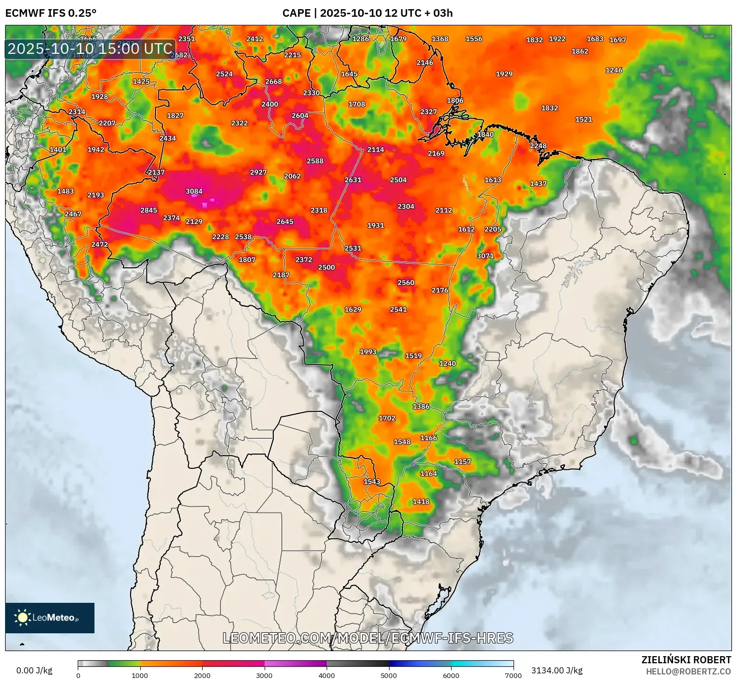 ECMWF IFS 0.25° model - Brazil, CAPE