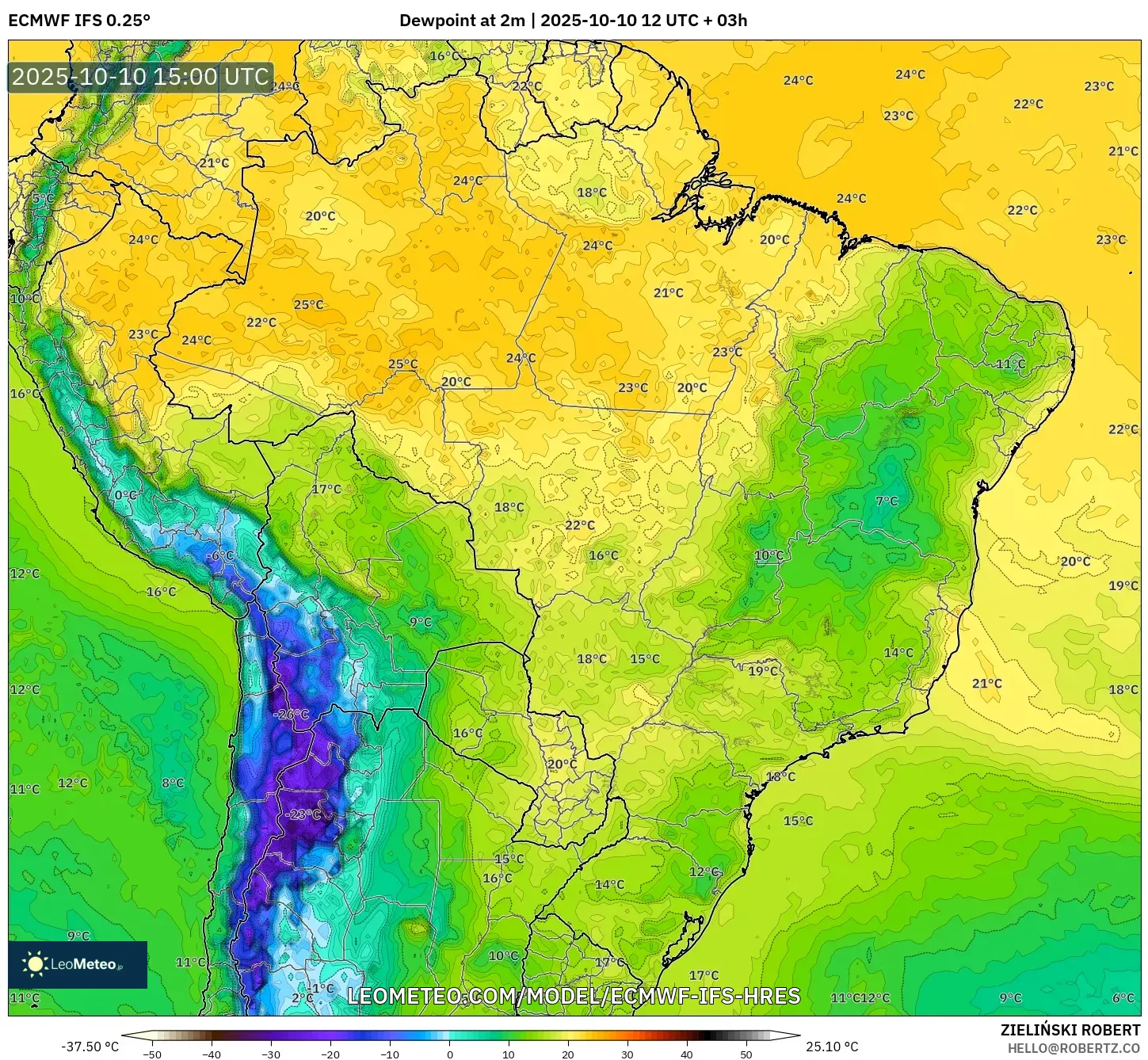 ECMWF IFS 0.25° model - Brazil, Dewpoint at 2m ECMWF IFS 0.25° model - Brazil, Dewpoint at 2m