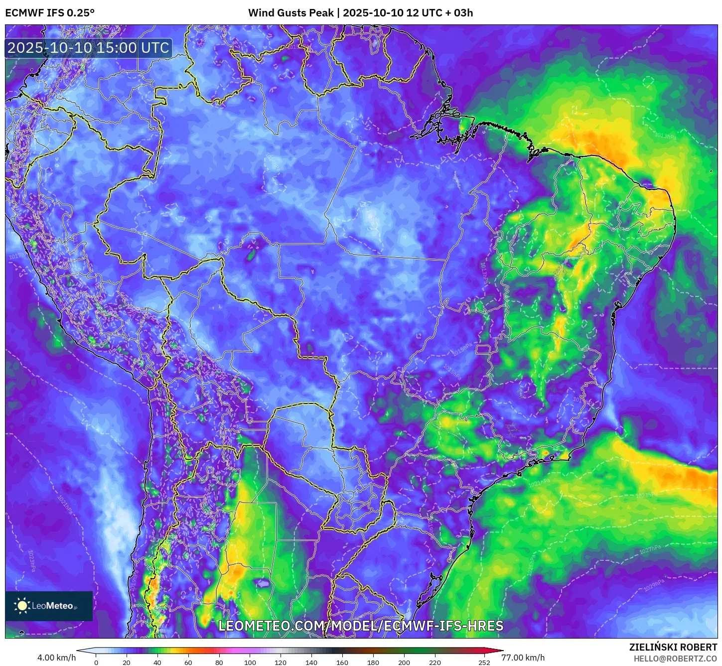 ECMWF IFS 0.25° model - Brazil, Wind Gusts Peak